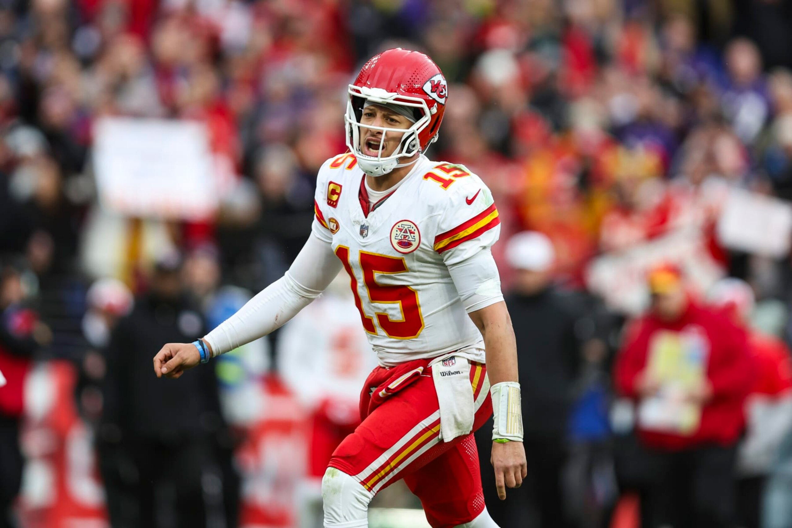 BALTIMORE, MD - JANUARY 28: Patrick Mahomes #15 of the Kansas City Chiefs celebrates during the AFC Championship NFL football game against the Baltimore Ravens at M&T Bank Stadium on January 28, 2024 in Baltimore, Maryland. (Photo by Perry Knotts/Getty Images) BALTIMORE, MD - JANUARY 28: Patrick Mahomes #15 of the Kansas City Chiefs celebrates during the AFC Championship NFL football game against the Baltimore Ravens at M&T Bank Stadium on January 28, 2024 in Baltimore, Maryland. (Photo by Perry Knotts/Getty Images)