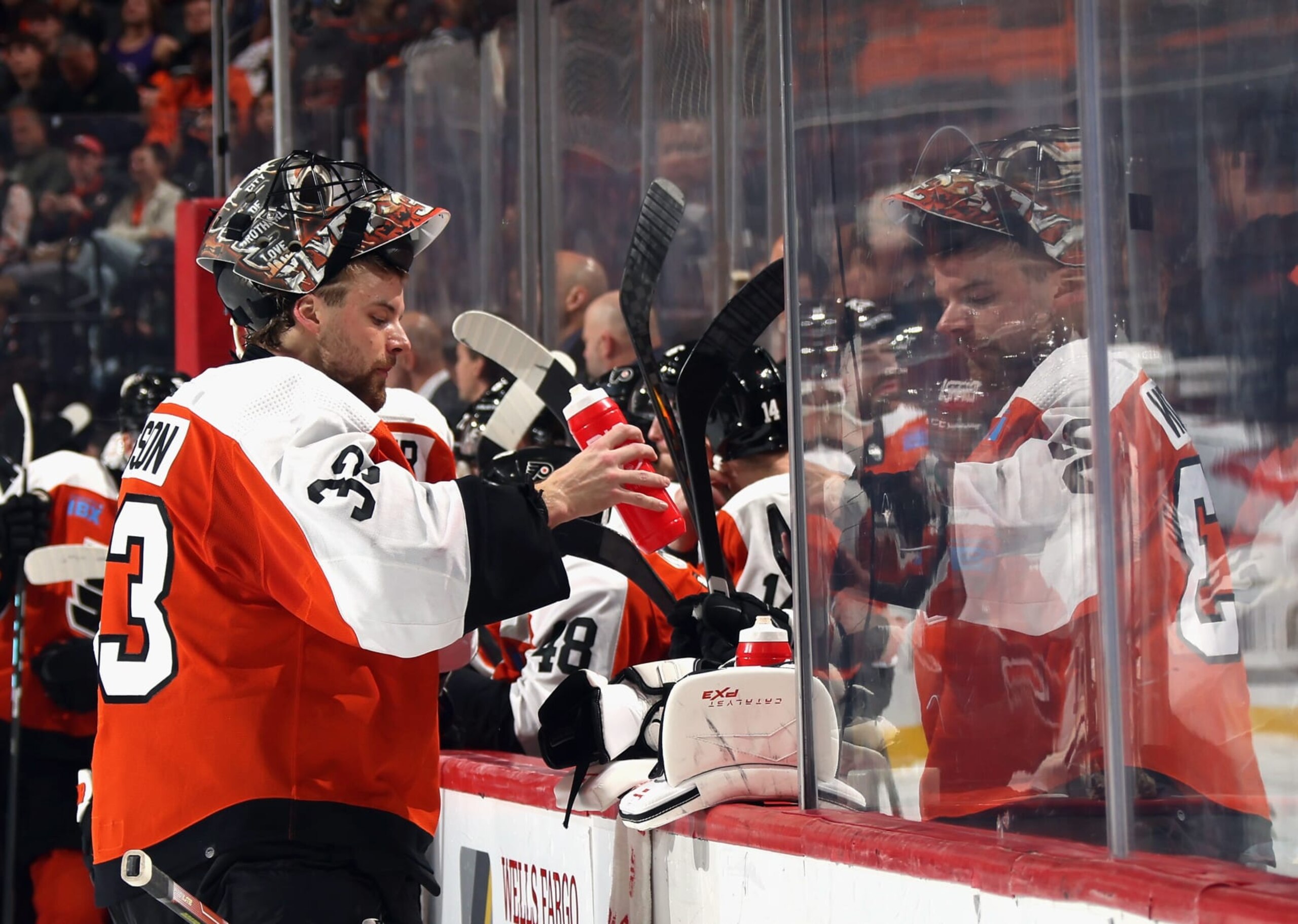 PHILADELPHIA, PENNSYLVANIA - APRIL 16: Samuel Ersson #33 of the Philadelphia Flyers takes a break during the second period against the Washington Capitals at the Wells Fargo Center on April 16, 2024 in Philadelphia, Pennsylvania. (Photo by Bruce Bennett/Getty Images)