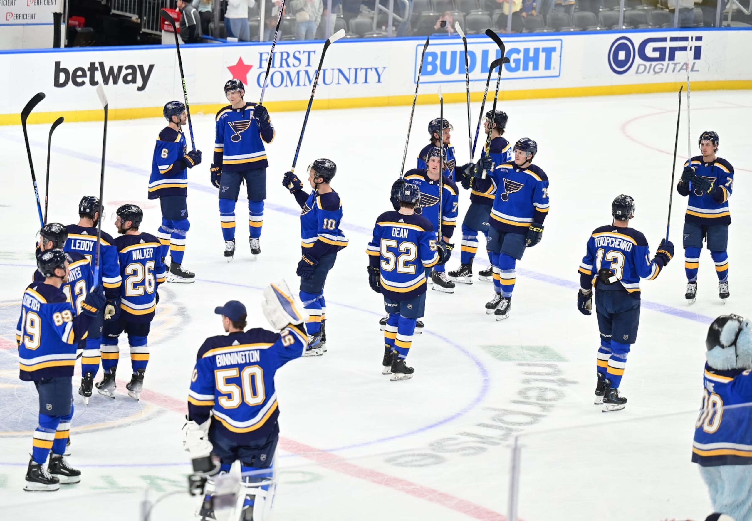 ST. LOUIS, MO - APRIL14: Blues players celebrate their fans at their last home game after winning a NHL game on April 14, 2024, between the Seattle Kraken and the St. Louis Blues at the Enterprise Center in St. Louis, MO.  (Photo by Keith Gillett/Icon Sportswire via Getty Images)
