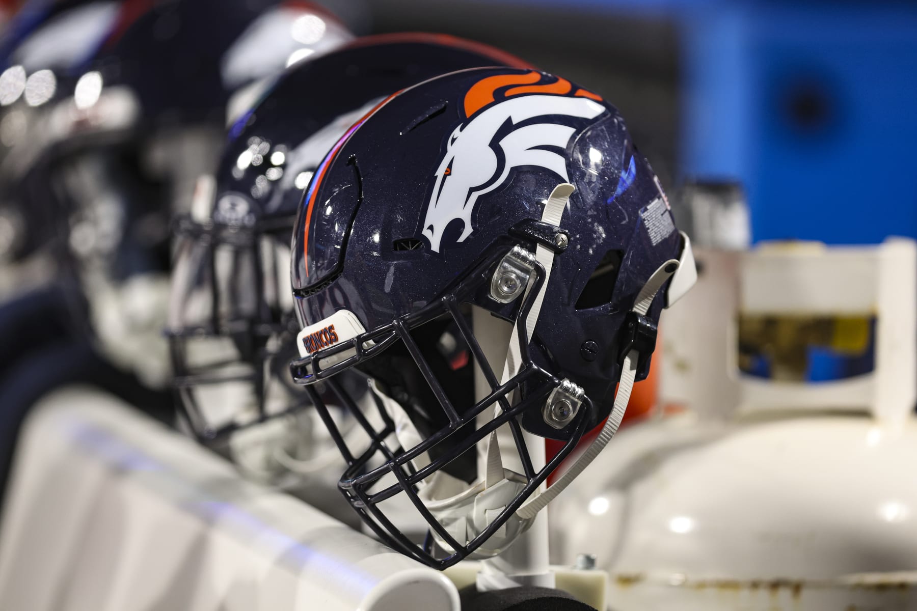 ORCHARD PARK, NY - NOVEMBER 13:  Detailed view of a Denver Broncos helmet during an NFL football game between the Denver Broncos and the Buffalo Bills at Highmark Stadium on November 13, 2023 in Orchard Park, New York. (Photo by Perry Knotts/Getty Images)