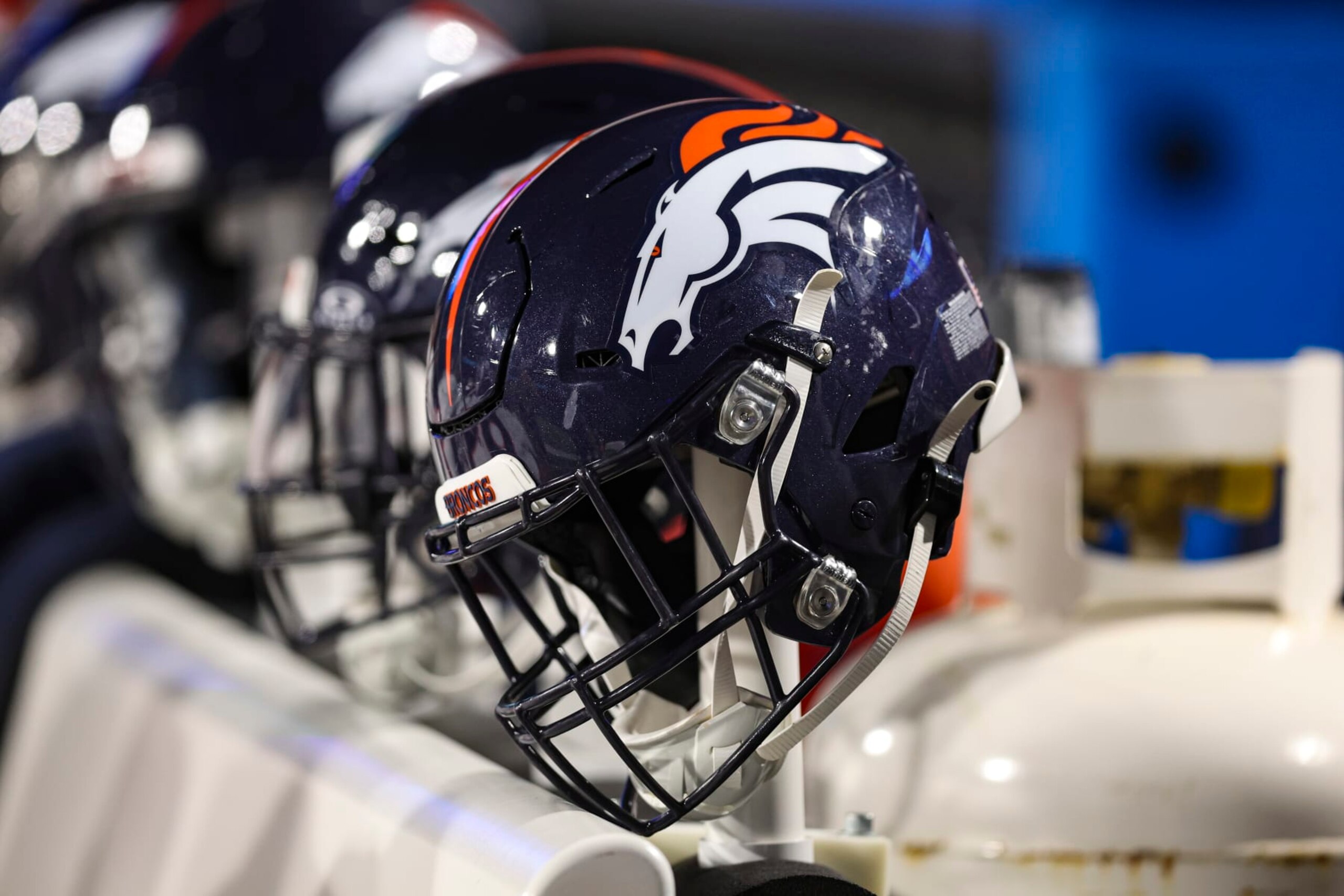 ORCHARD PARK, NY - NOVEMBER 13:  Detailed view of a Denver Broncos helmet during an NFL football game between the Denver Broncos and the Buffalo Bills at Highmark Stadium on November 13, 2023 in Orchard Park, New York. (Photo by Perry Knotts/Getty Images)