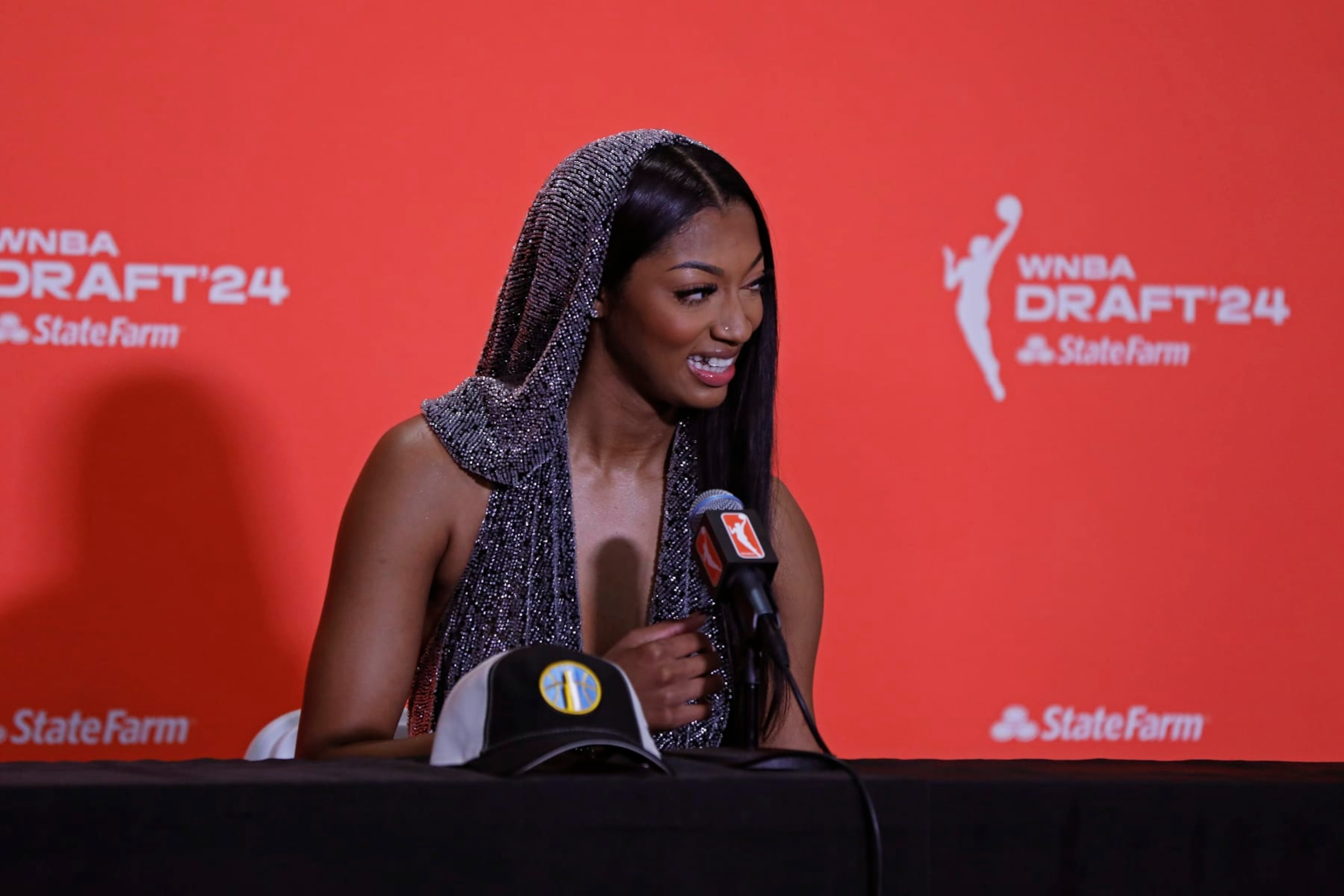 NEW YORK, NY - APRIL 15: Angel Reese talks to the media during the 2024 WNBA Draft on April 15, 2024 at the Brooklyn Academy of Music in Brooklyn, New York. NOTE TO USER: User expressly acknowledges and agrees that, by downloading and or using this photograph, User is consenting to the terms and conditions of the Getty Images License Agreement. Mandatory Copyright Notice: Copyright 2024 NBAE (Photo by Mariel Tyler/NBAE via Getty Images)