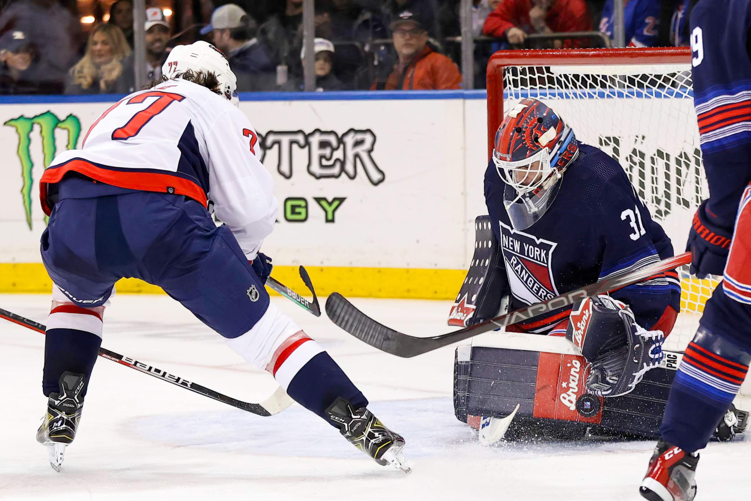 NEW YORK, NY - JANUARY 14: Washington Capitals Right Wing T.J. Oshie (77) takes a backhand shot on goal during the National Hockey League game between the Washington Capitals and the New York Rangers on January 14, 2024 at Madison Square Garden in New York, NY. (Photo by Joshua Sarner/Icon Sportswire via Getty Images)