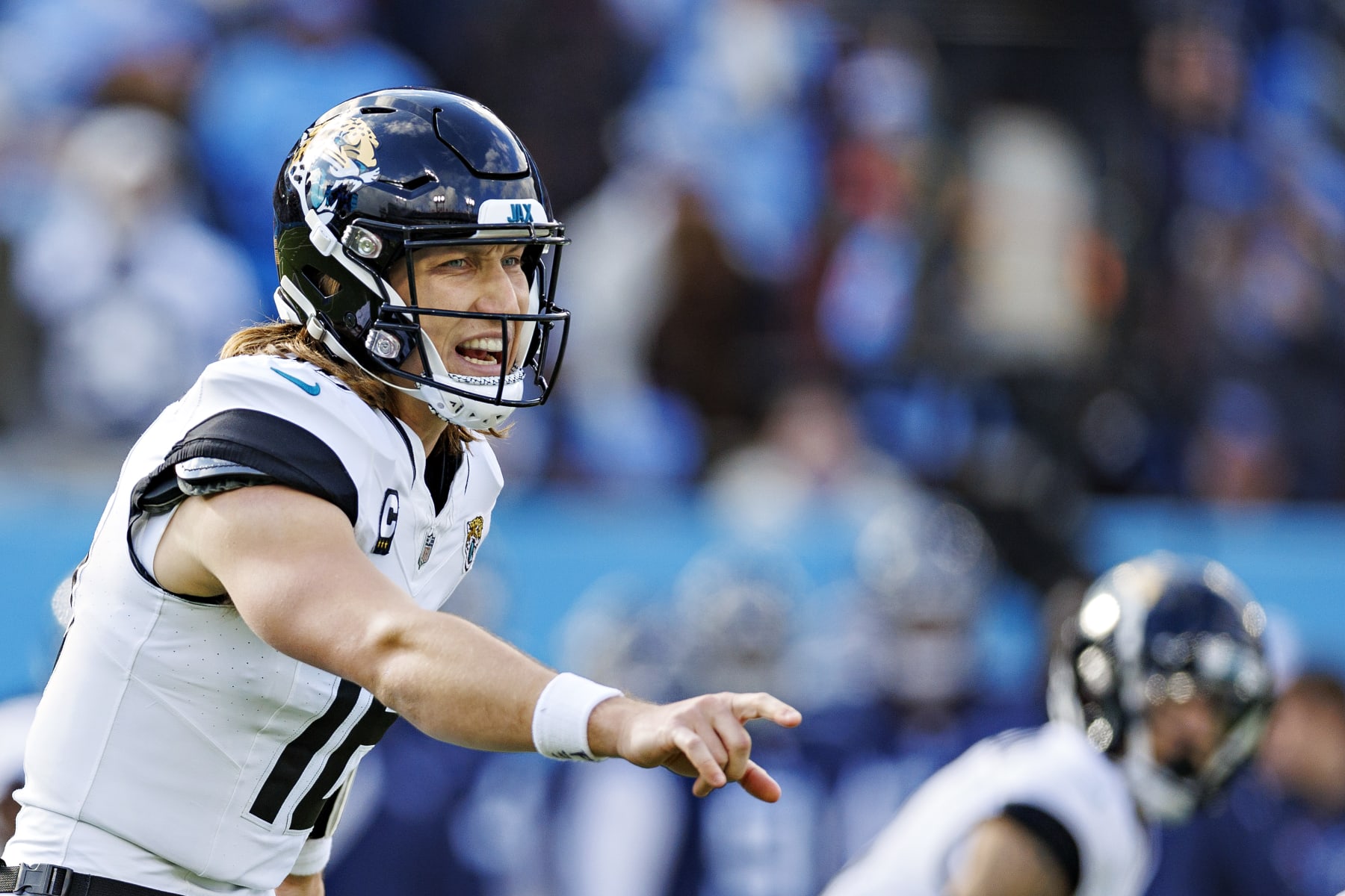 NASHVILLE TENNESSEE - JANUARY 07: Trevor Lawrence #16 of the Jacksonville Jaguars calls a play during the game against the Tennessee Titans in Nashville, Tennessee at Nissan Stadium on January 7, 2024 in Houston, Texas. The Titans defeated the Jaguars 28-20.  (Photo by Wesley Hitt/Getty Images)