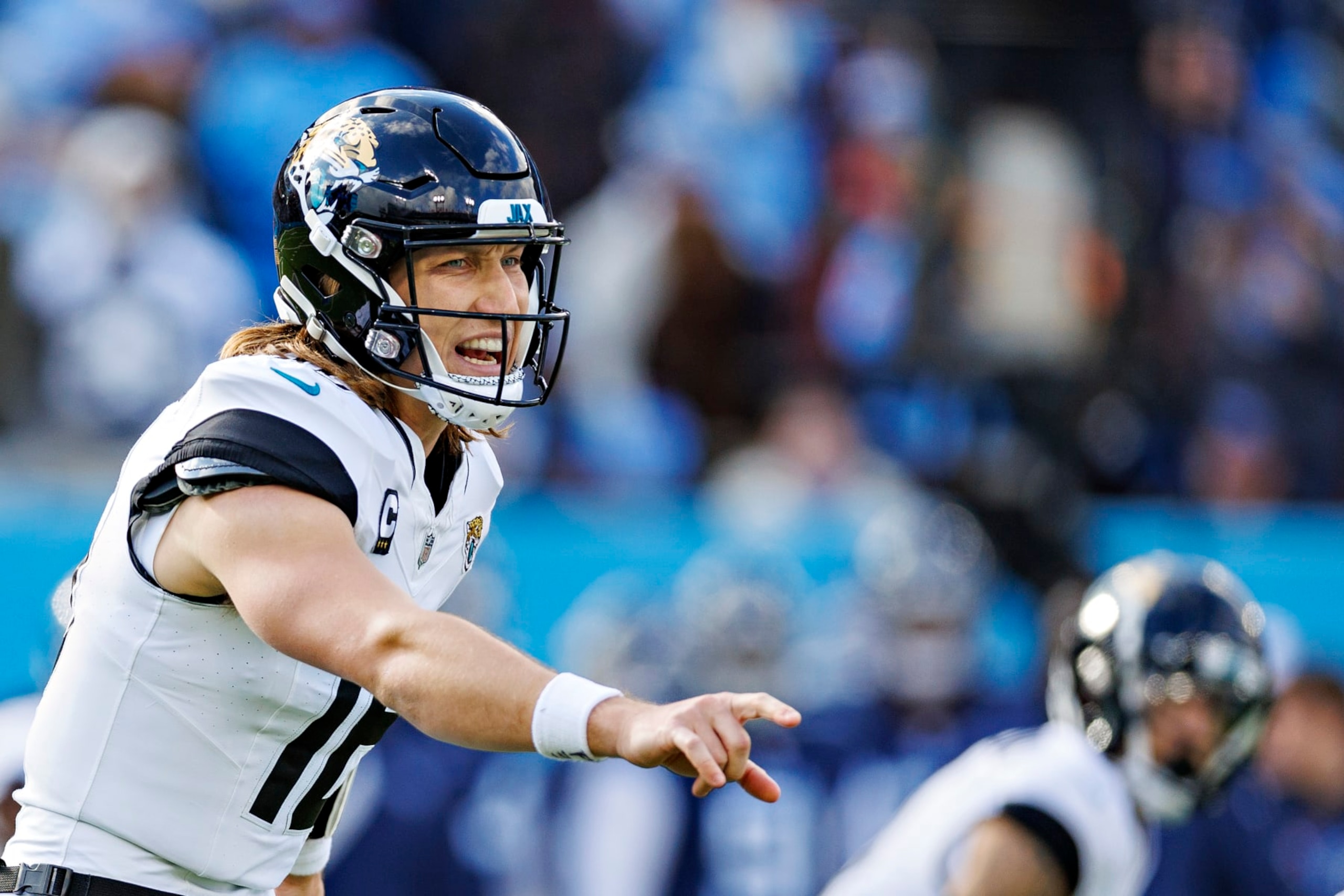 NASHVILLE TENNESSEE - JANUARY 07: Trevor Lawrence #16 of the Jacksonville Jaguars calls a play during the game against the Tennessee Titans in Nashville, Tennessee at Nissan Stadium on January 7, 2024 in Houston, Texas. The Titans defeated the Jaguars 28-20. (Photo by Wesley Hitt/Getty Images) NASHVILLE TENNESSEE - JANUARY 07: Trevor Lawrence #16 of the Jacksonville Jaguars calls a play during the game against the Tennessee Titans in Nashville, Tennessee at Nissan Stadium on January 7, 2024 in Houston, Texas. The Titans defeated the Jaguars 28-20. (Photo by Wesley Hitt/Getty Images)