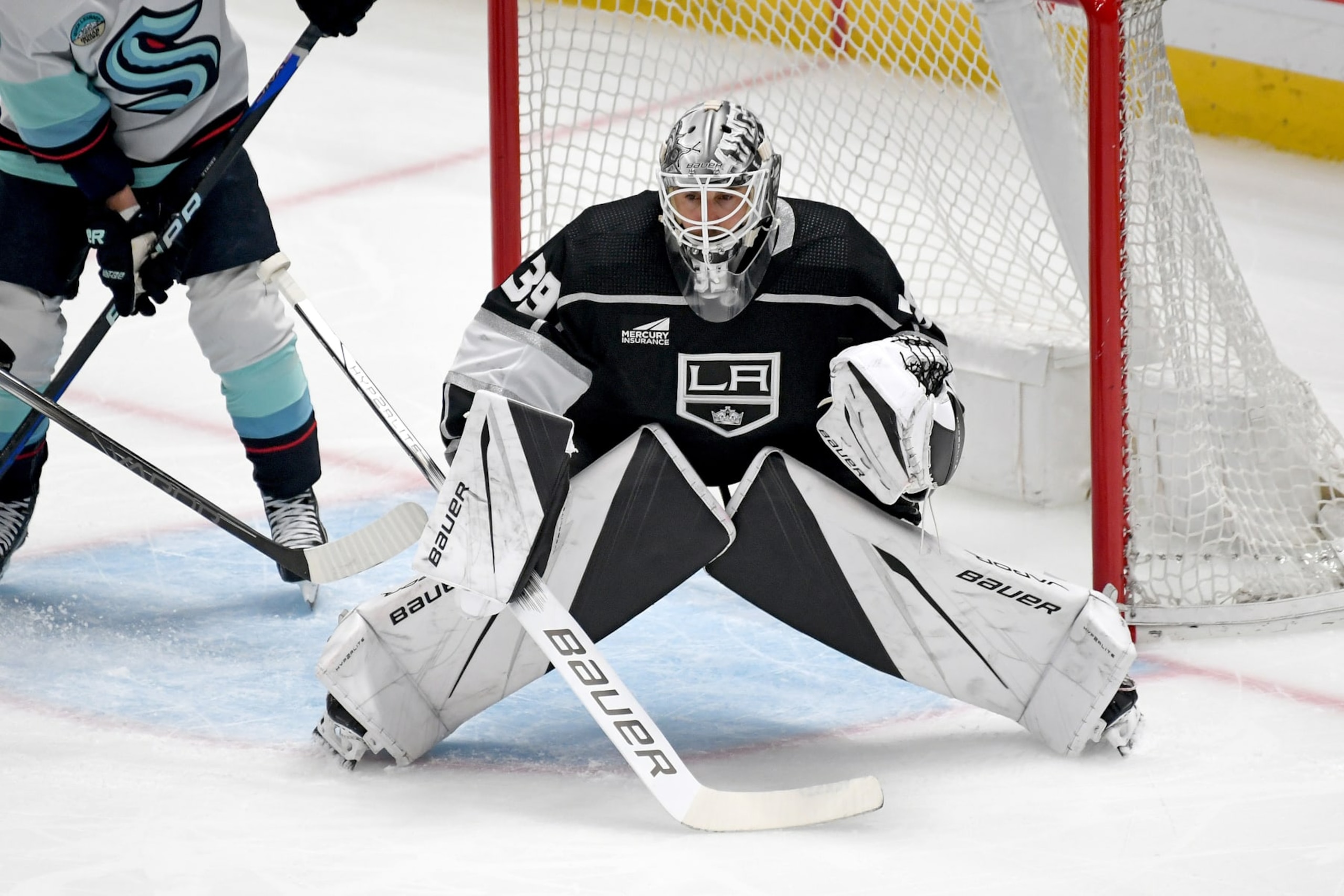 LOS ANGELES, CA - APRIL 03: Los Angeles Kings Goalie Pheonix Copley (29) watches play during a game between the Seattle Kraken and the Los Angeles Kings on April 3rd, 2024 at the Crypto.com Arena in Los Angeles, CA.  (Photo by Rob Curtis/Icon Sportswire via Getty Images)