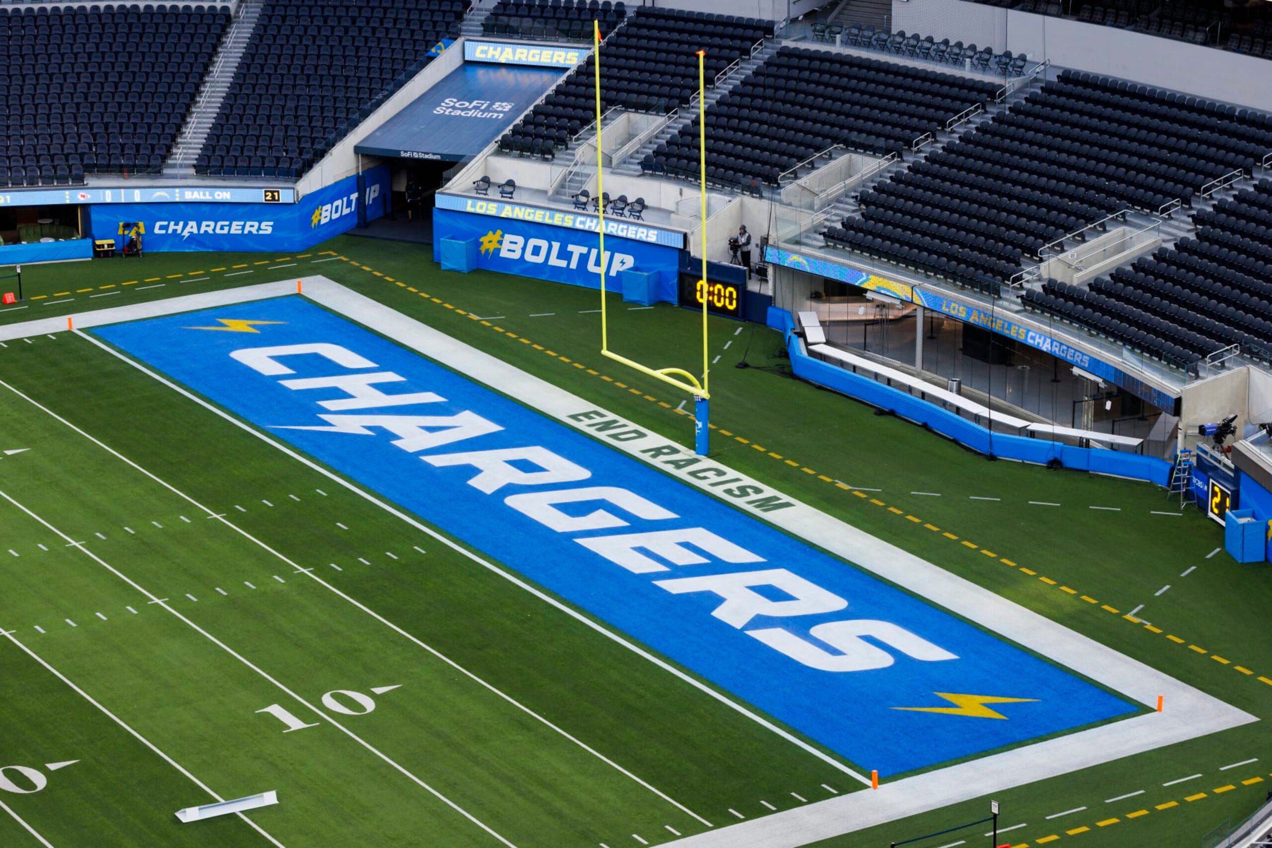 INGLEWOOD, CALIFORNIA - JANUARY 7: A general view of the Los Angeles Chargers logo in the end zone from an elevated position before a game against the Kansas City Chiefs at SoFi Stadium on January 7, 2024 in Inglewood, California. (Photo by Ric Tapia/Getty Images)