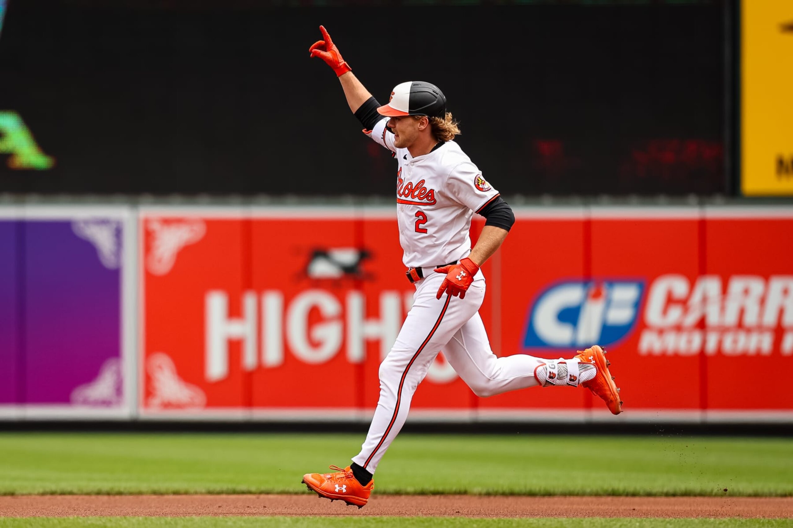 BALTIMORE, MD - APRIL 17: Gunnar Henderson #2 of the Baltimore Orioles celebrates while rounding the bases after hitting a home run against the Minnesota Twins during the first inning at Oriole Park at Camden Yards on April 17, 2024 in Baltimore, Maryland. (Photo by Scott Taetsch/Getty Images) BALTIMORE, MD - APRIL 17: Gunnar Henderson #2 of the Baltimore Orioles celebrates while rounding the bases after hitting a home run against the Minnesota Twins during the first inning at Oriole Park at Camden Yards on April 17, 2024 in Baltimore, Maryland. (Photo by Scott Taetsch/Getty Images)