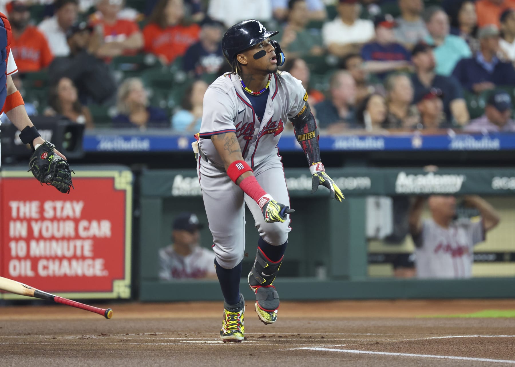 HOUSTON, TX - APRIL 17:  Atlanta Braves right fielder Ronald Acuña Jr. (13) watches his hit in the top of the first inning during the MLB game between the Atlanta Braves and Houston Astros at Minute Maid Park on April 17, 2024 in Houston, Texas. (Photo by Leslie Plaza Johnson/Icon Sportswire via Getty Images)