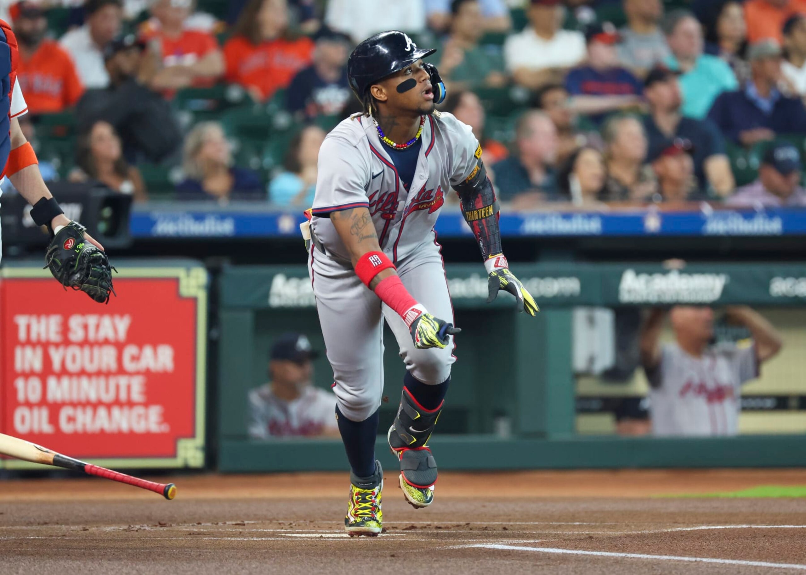 HOUSTON, TX - APRIL 17: Atlanta Braves right fielder Ronald Acuña Jr. (13) watches his hit in the top of the first inning during the MLB game between the Atlanta Braves and Houston Astros at Minute Maid Park on April 17, 2024 in Houston, Texas. (Photo by Leslie Plaza Johnson/Icon Sportswire via Getty Images) HOUSTON, TX - APRIL 17: Atlanta Braves right fielder Ronald Acuña Jr. (13) watches his hit in the top of the first inning during the MLB game between the Atlanta Braves and Houston Astros at Minute Maid Park on April 17, 2024 in Houston, Texas. (Photo by Leslie Plaza Johnson/Icon Sportswire via Getty Images)