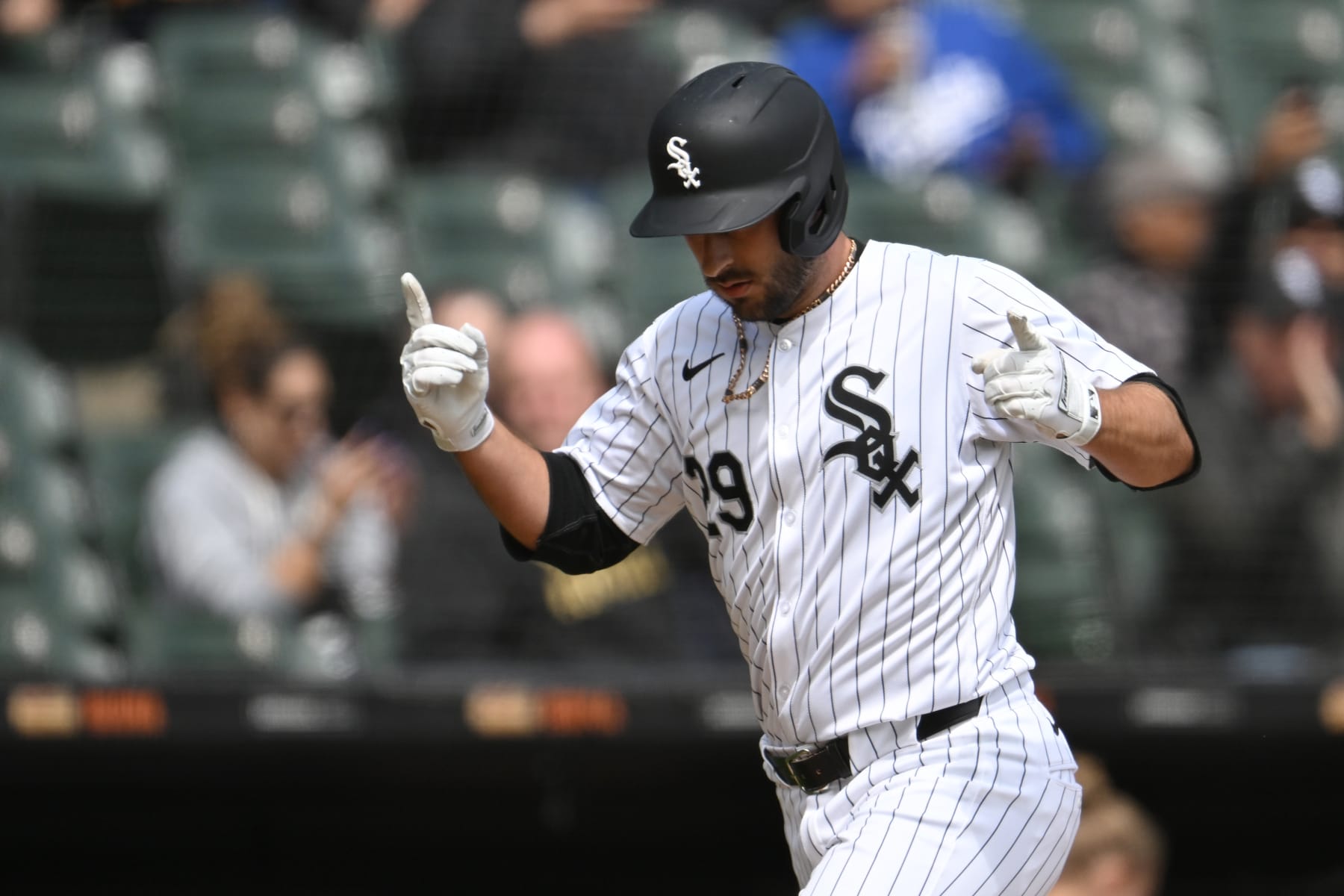 CHICAGO, ILLINOIS - APRIL 17: Paul DeJong #29 of the Chicago White Sox reacts after a two run home run in the second inning during game one of a doubleheader against the Kansas City Royals at Guaranteed Rate Field on April 17, 2024 in Chicago, Illinois. (Photo by Quinn Harris/Getty Images)