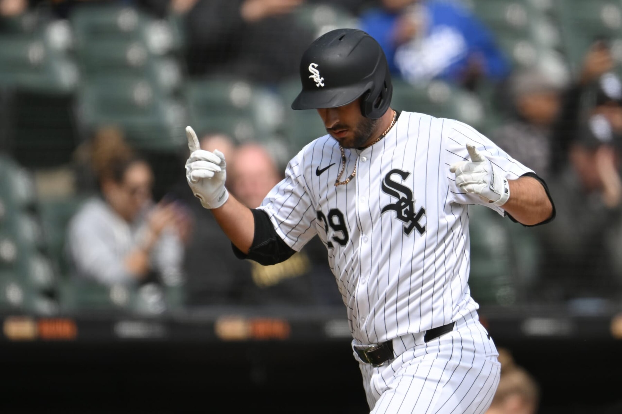 CHICAGO, ILLINOIS - APRIL 17: Paul DeJong #29 of the Chicago White Sox reacts after a two run home run in the second inning during game one of a doubleheader against the Kansas City Royals at Guaranteed Rate Field on April 17, 2024 in Chicago, Illinois. (Photo by Quinn Harris/Getty Images) CHICAGO, ILLINOIS - APRIL 17: Paul DeJong #29 of the Chicago White Sox reacts after a two run home run in the second inning during game one of a doubleheader against the Kansas City Royals at Guaranteed Rate Field on April 17, 2024 in Chicago, Illinois. (Photo by Quinn Harris/Getty Images)
