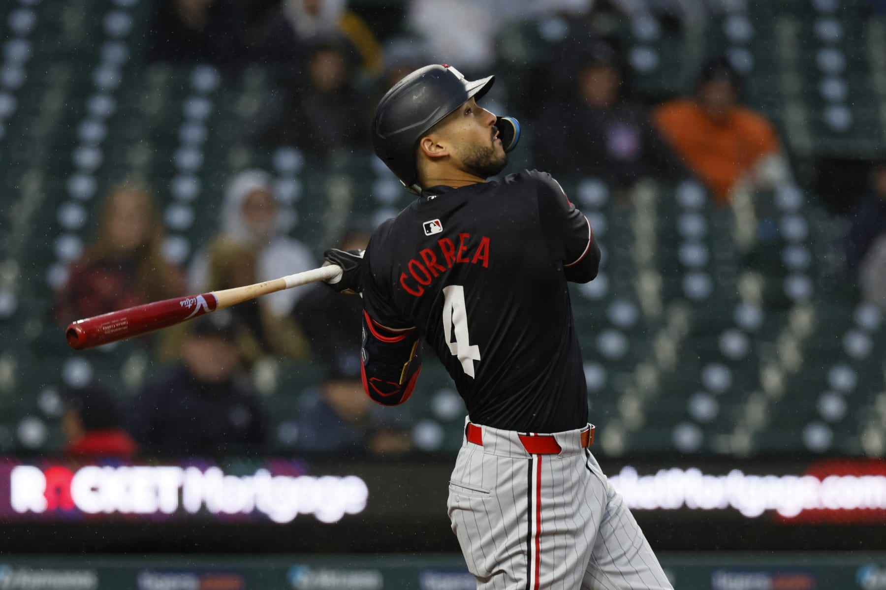 DETROIT, MI -  APRIL 12:  Carlos Correa #4 of the Minnesota Twins bats against the Detroit Tigers during the first inning at Comerica Park on April 12, 2024 in Detroit, Michigan. (Photo by Duane Burleson/Getty Images)