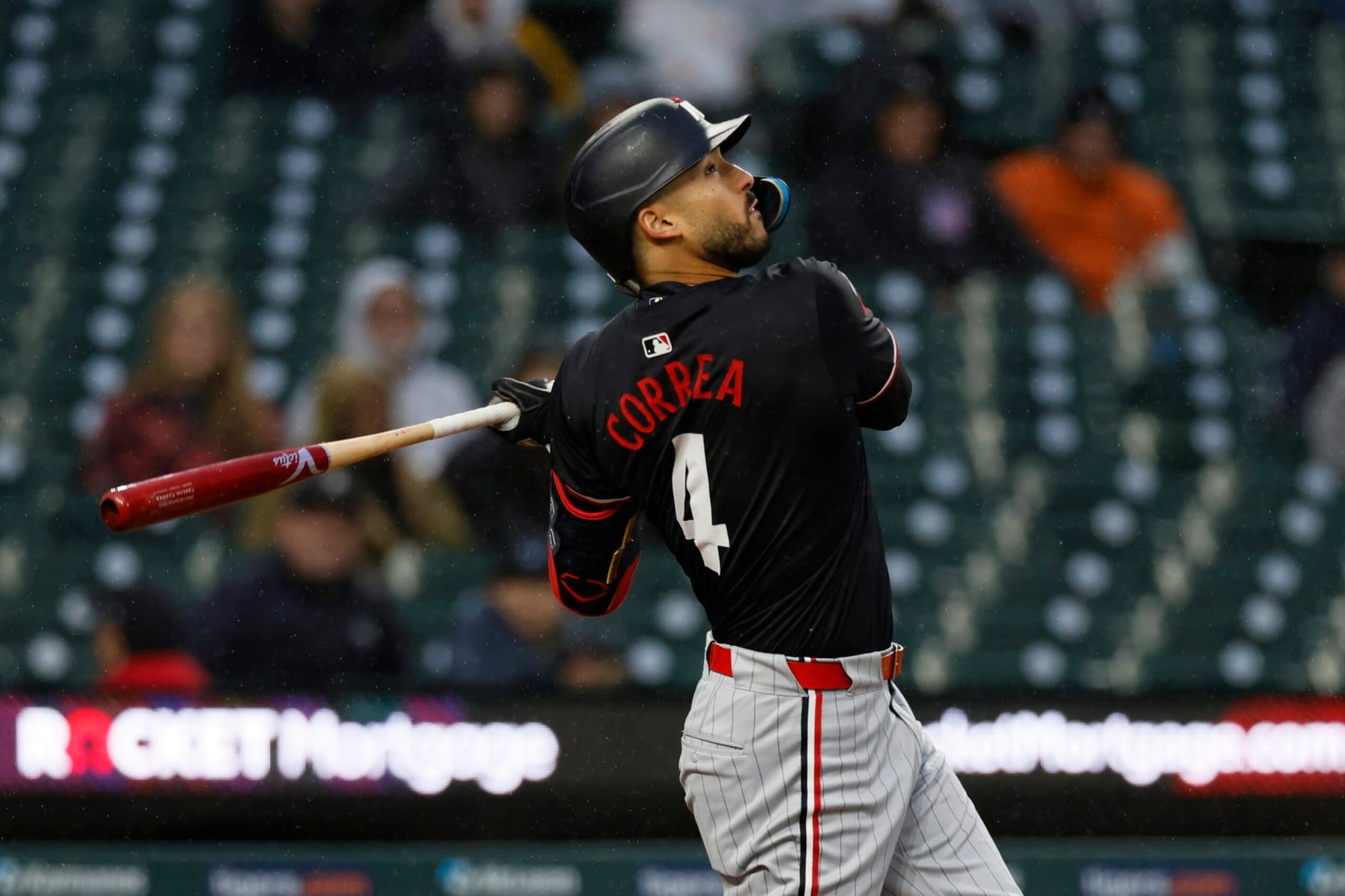 DETROIT, MI - APRIL 12: Carlos Correa #4 of the Minnesota Twins bats against the Detroit Tigers during the first inning at Comerica Park on April 12, 2024 in Detroit, Michigan. (Photo by Duane Burleson/Getty Images) DETROIT, MI - APRIL 12: Carlos Correa #4 of the Minnesota Twins bats against the Detroit Tigers during the first inning at Comerica Park on April 12, 2024 in Detroit, Michigan. (Photo by Duane Burleson/Getty Images)