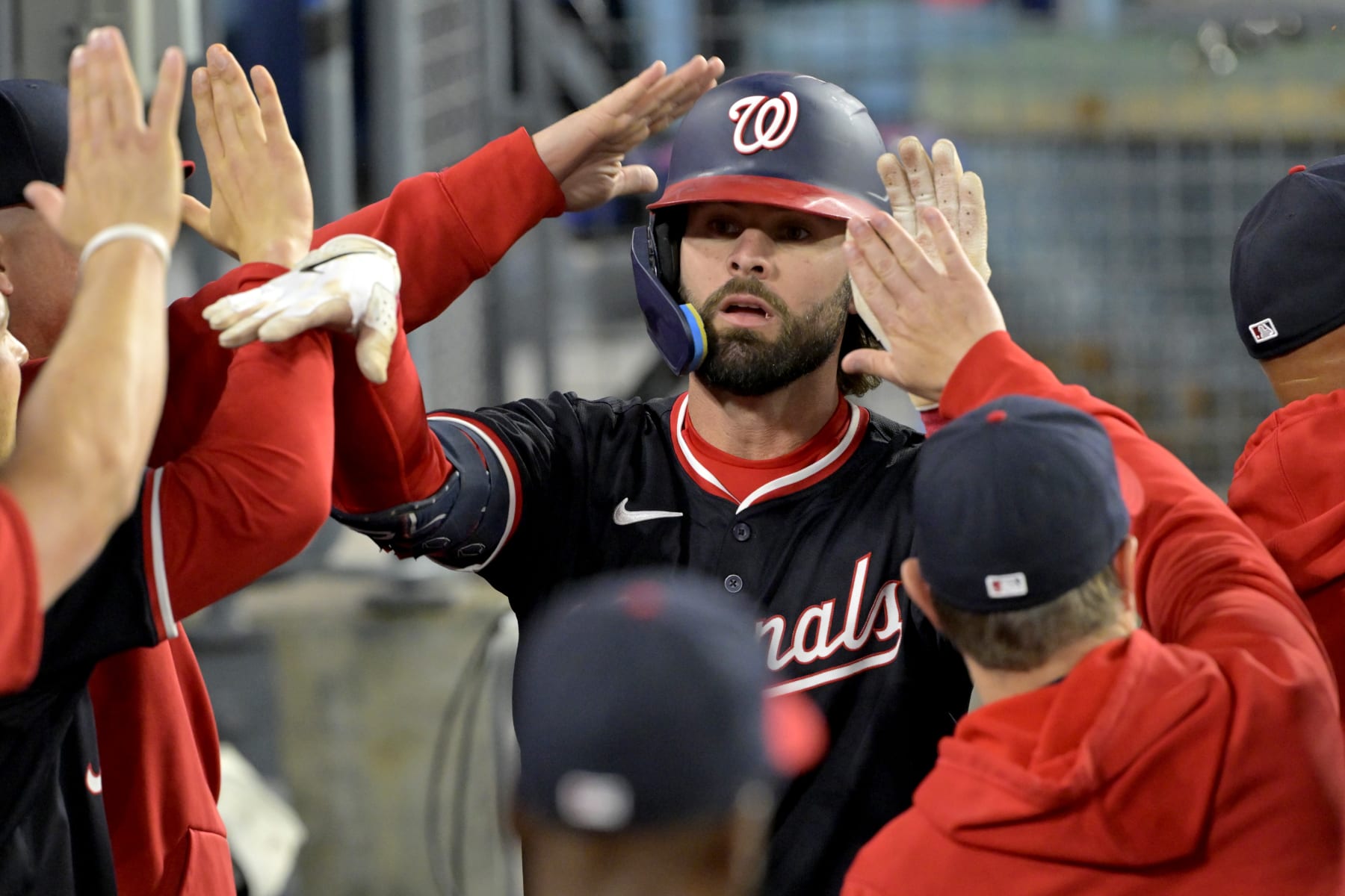 LOS ANGELES, CALIFORNIA - APRIL 16: Jesse Winker #6 of the Washington Nationals celebrates his two-run home run in the third inning against the Los Angeles Dodgers at Dodger Stadium on April 16, 2024 in Los Angeles, California. (Photo by Jayne Kamin-Oncea/Getty Images)