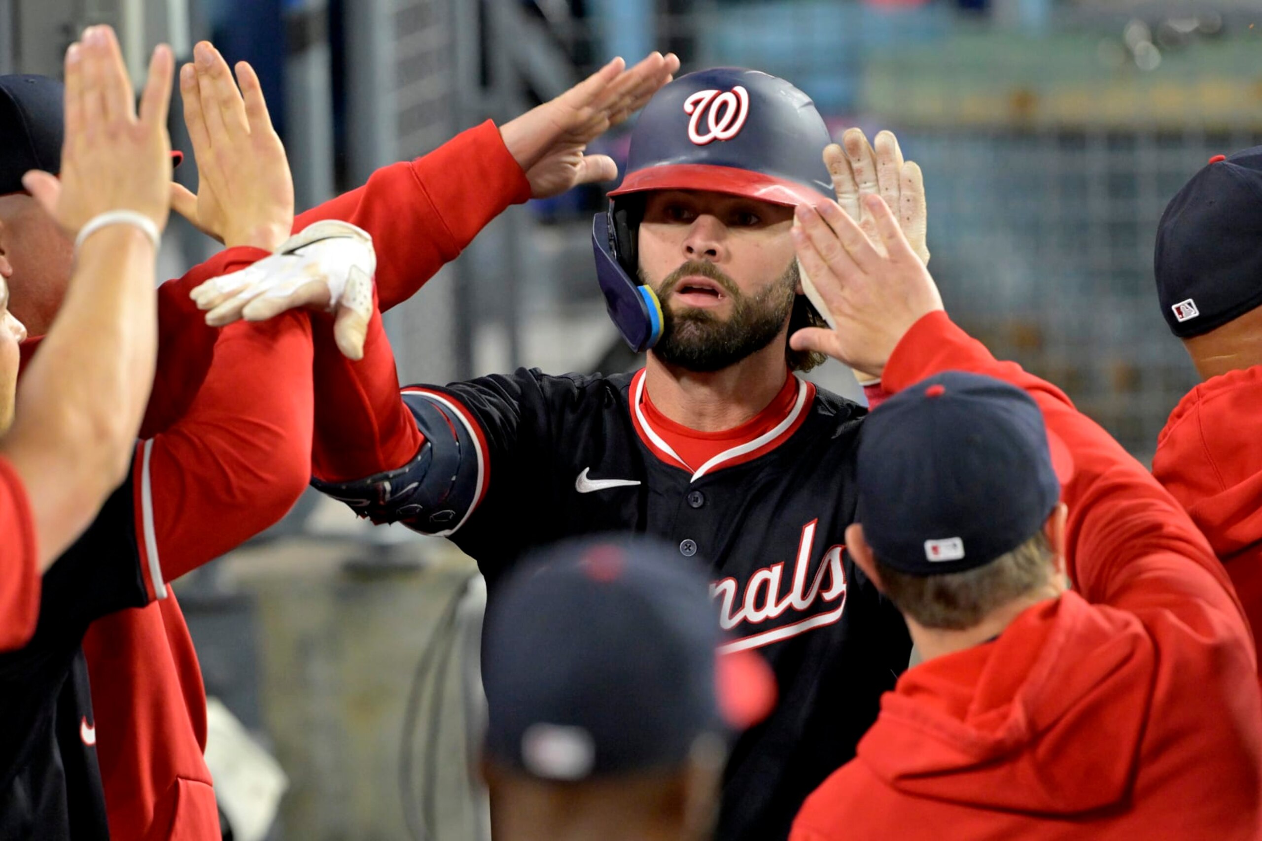 LOS ANGELES, CALIFORNIA - APRIL 16: Jesse Winker #6 of the Washington Nationals celebrates his two-run home run in the third inning against the Los Angeles Dodgers at Dodger Stadium on April 16, 2024 in Los Angeles, California. (Photo by Jayne Kamin-Oncea/Getty Images) LOS ANGELES, CALIFORNIA - APRIL 16: Jesse Winker #6 of the Washington Nationals celebrates his two-run home run in the third inning against the Los Angeles Dodgers at Dodger Stadium on April 16, 2024 in Los Angeles, California. (Photo by Jayne Kamin-Oncea/Getty Images)