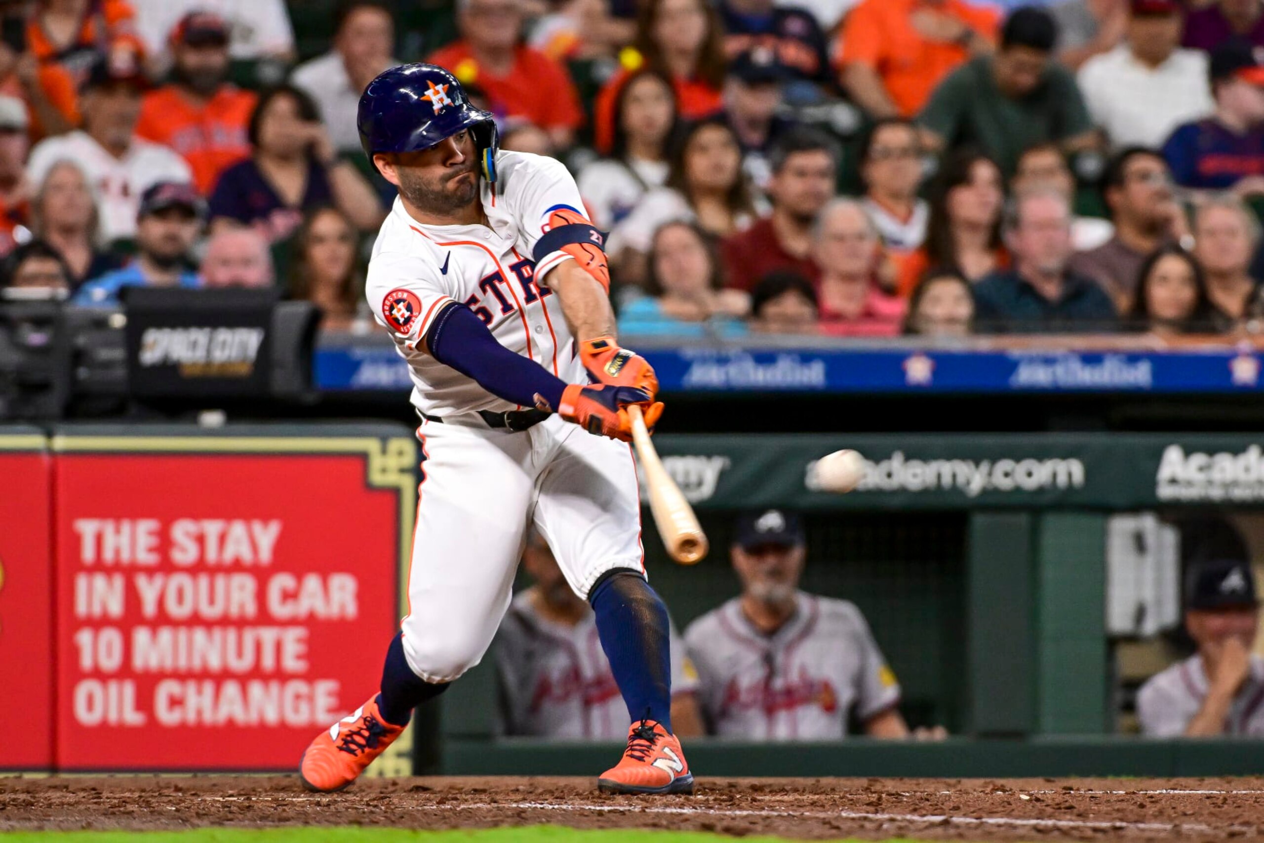 HOUSTON, TEXAS - APRIL 17: Jose Altuve #27 of the Houston Astros hits a single for an RBI in the fifth inning against the Atlanta Braves at Minute Maid Park on April 17, 2024 in Houston, Texas. (Photo by Logan Riely/Getty Images) HOUSTON, TEXAS - APRIL 17: Jose Altuve #27 of the Houston Astros hits a single for an RBI in the fifth inning against the Atlanta Braves at Minute Maid Park on April 17, 2024 in Houston, Texas. (Photo by Logan Riely/Getty Images)
