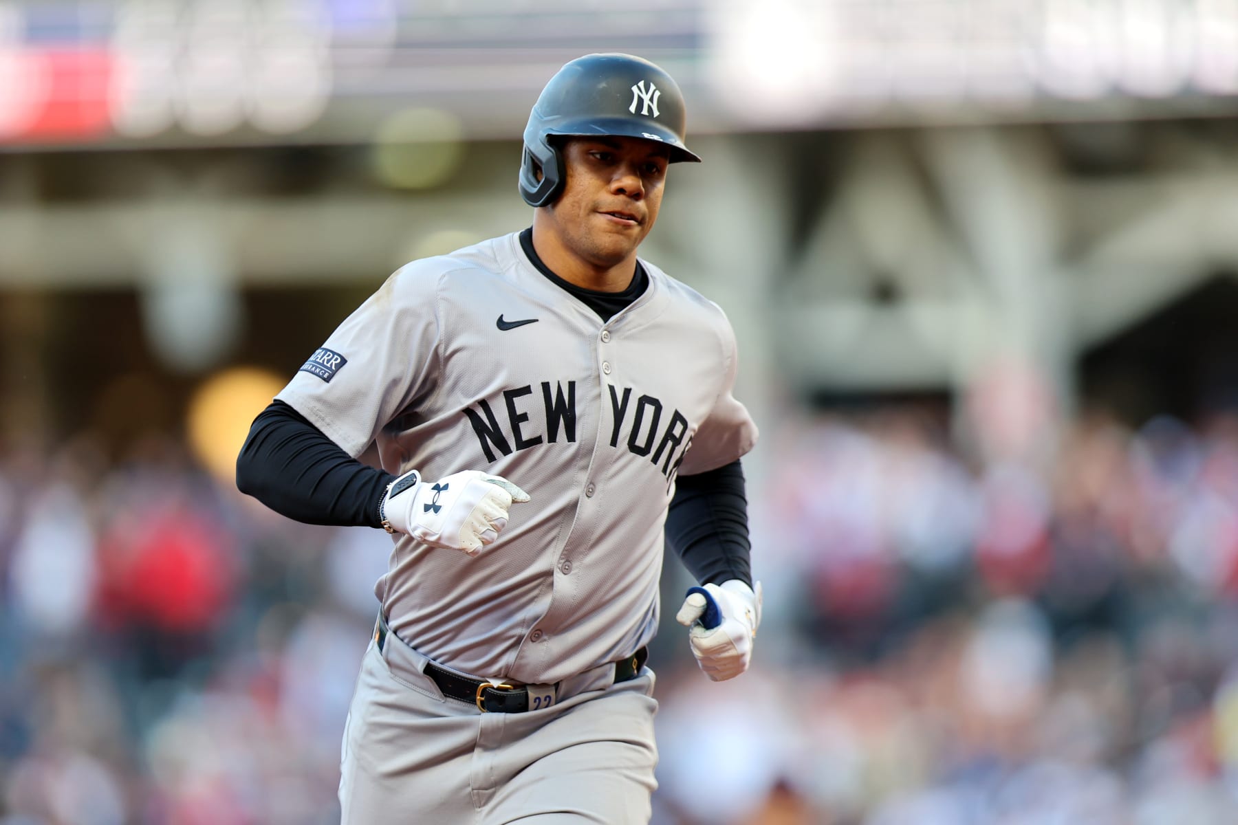 CLEVELAND, OH - APRIL 13: New York Yankees right fielder Juan Soto (22) rounds the bases after hitting a 3-run home run during the fourth inning of game 2 of the Major League Baseball doubleheader between the New York Yankees and Cleveland Guardians on April 13, 2024, at Progressive Field in Cleveland, OH.  (Photo by Frank Jansky/Icon Sportswire via Getty Images)