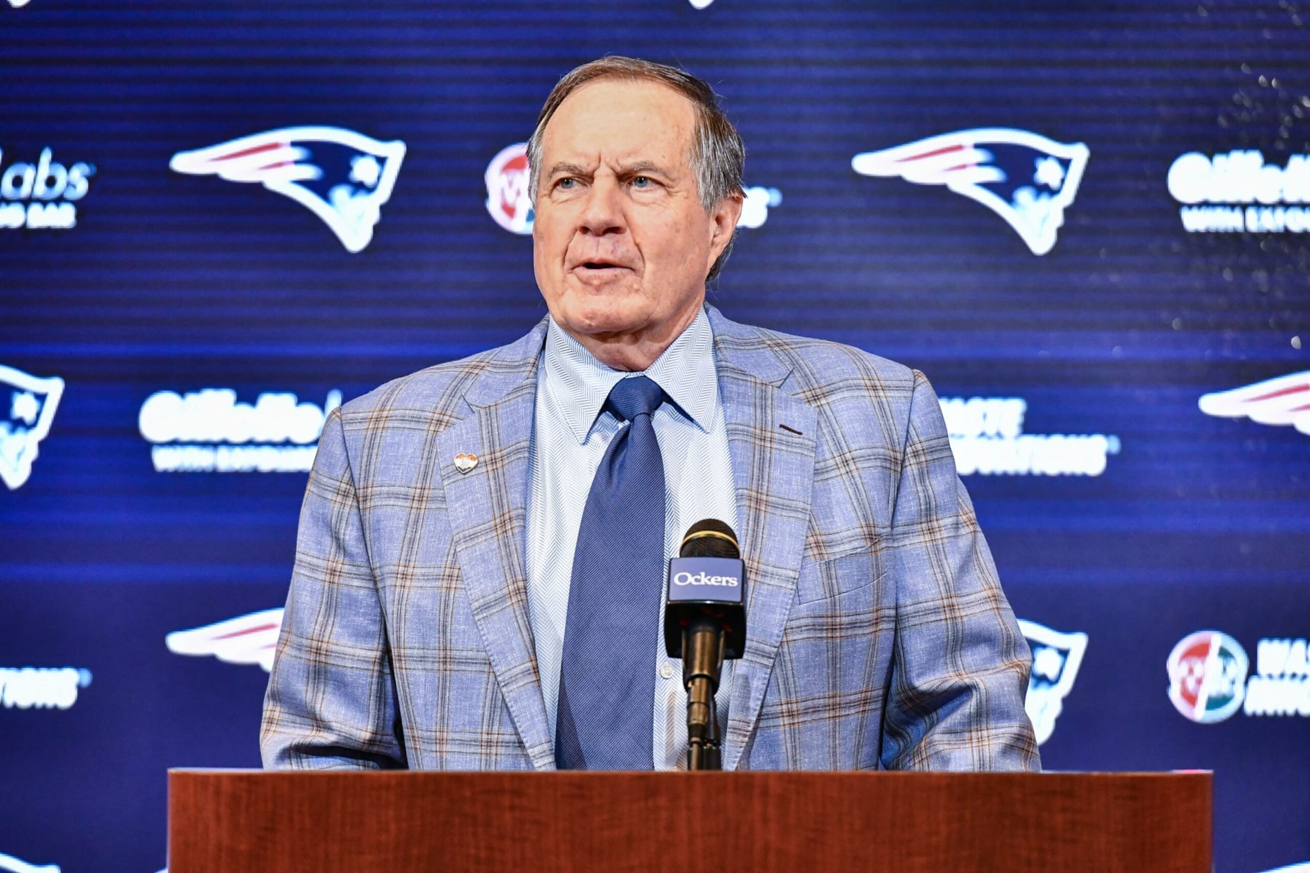 New England Patriots head coach Bill Belichick announces he is leaving the team during a press conference at Gillette Stadium in Foxborough, Massachusetts, on January 11, 2024. Belichick, the NFL mastermind who has guided the New England Patriots to a record six Super Bowl titles as head coach, is parting ways with the team after 24 seasons. (Photo by Joseph Prezioso / AFP) (Photo by JOSEPH PREZIOSO/AFP via Getty Images)
