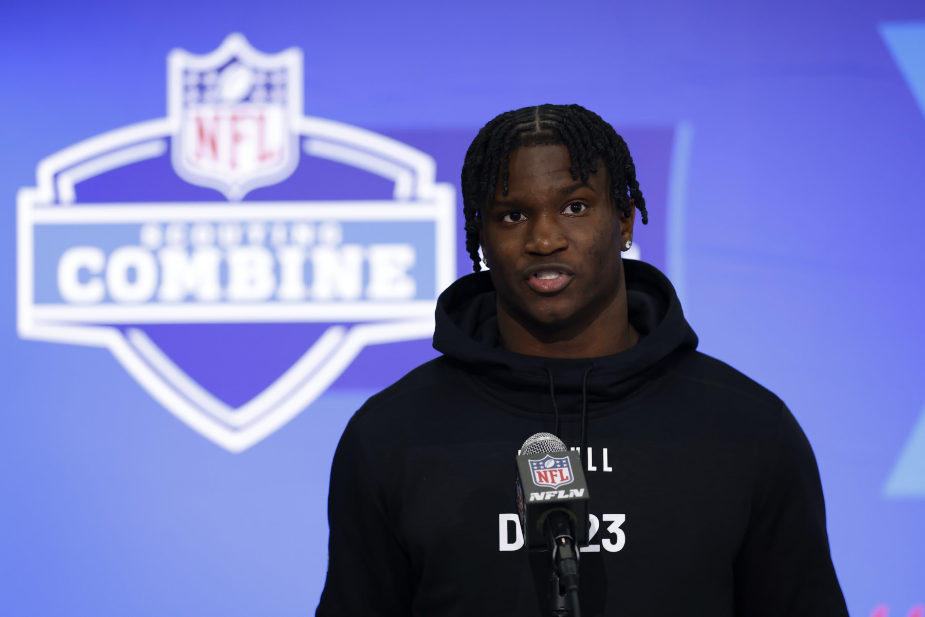 INDIANAPOLIS, INDIANA - FEBRUARY 29: Kamari Lassiter #DB23 of the Georgia Bulldogs speaks to the media during the 2024 NFL Combine at the Indiana Convention Center on February 29, 2024 in Indianapolis, Indiana. (Photo by Justin Casterline/Getty Images)