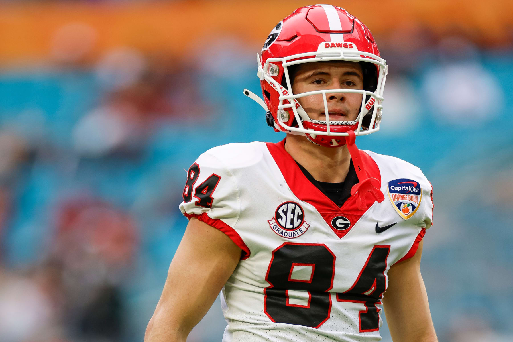 MIAMI GARDENS, FLORIDA - DECEMBER 30: Ladd McConkey #84 of the Georgia Bulldogs warms up prior to the Capital One Orange Bowl game against the Florida State Seminoles at Hard Rock Stadium on December 30, 2023 in Miami Gardens, Florida. (Photo by Brandon Sloter/Image Of Sport/Getty Images)