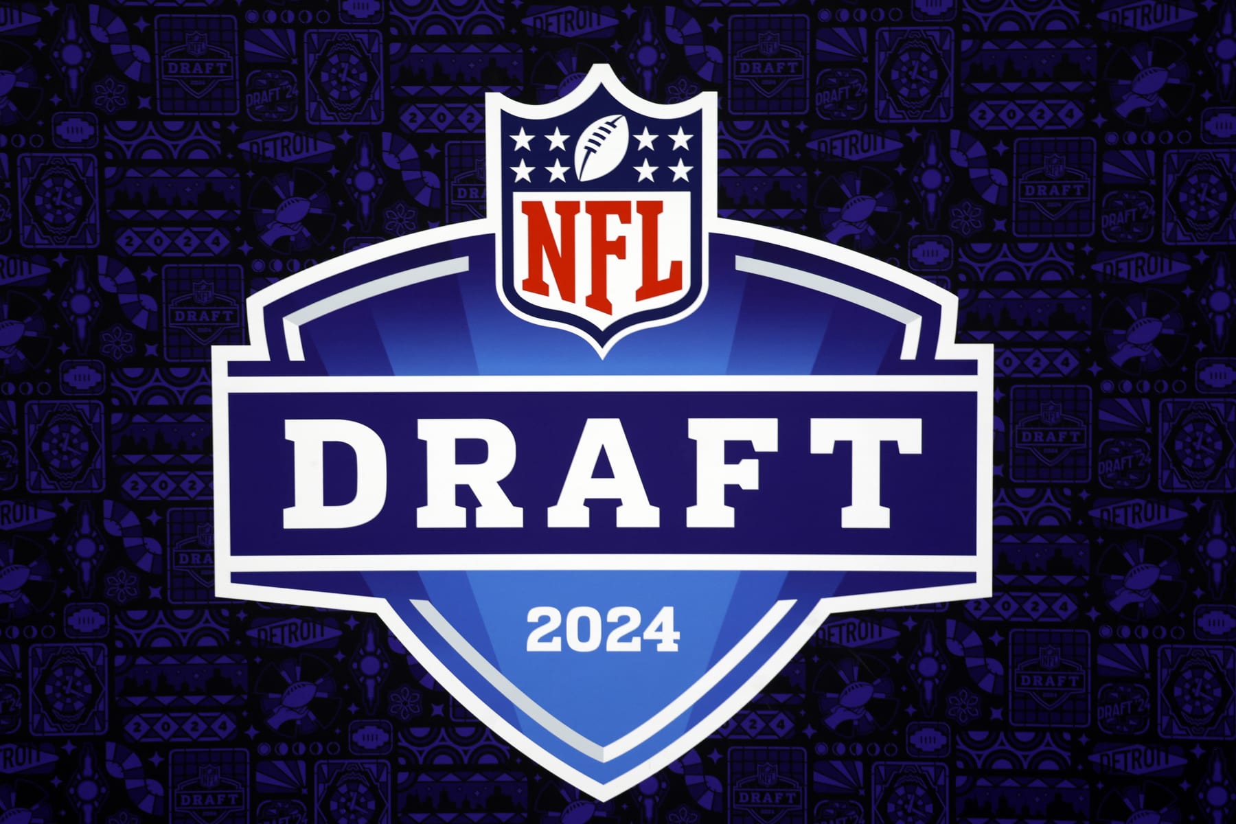 LAS VEGAS, NV - FEBRUARY 6: A detail view of the NFL Draft 2024 logo at Super Bowl LVIII Radio Row at Mandalay Bay on February 6, 2024 in Las Vegas, NV. (Photo by Perry Knotts/Getty Images)