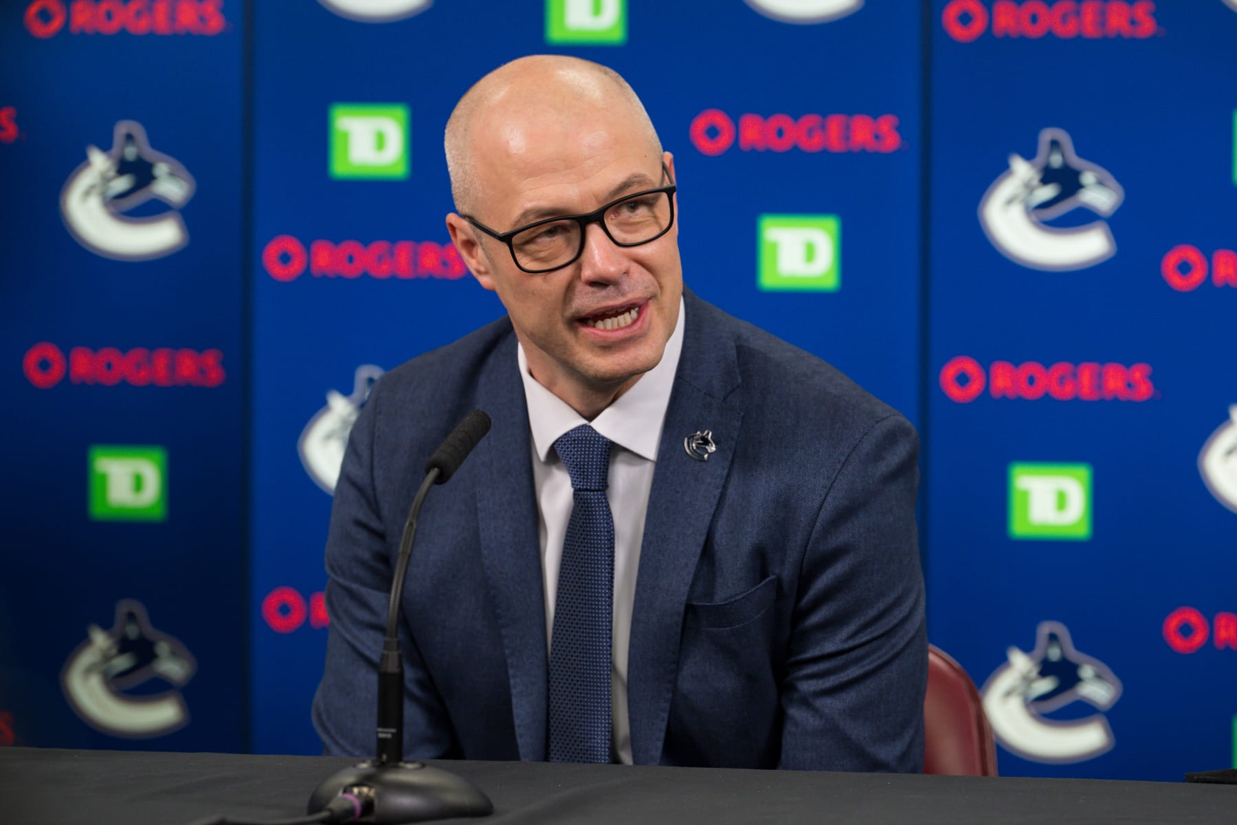 VANCOUVER, BC - MARCH 20: Vancouver Canucks general manager Patrik Allvin speaks to the press prior to their NHL game against the Buffalo Sabres at Rogers Arena on March 20, 2022 in Vancouver, British Columbia, Canada. (Photo by Derek Cain/Icon Sportswire via Getty Images)