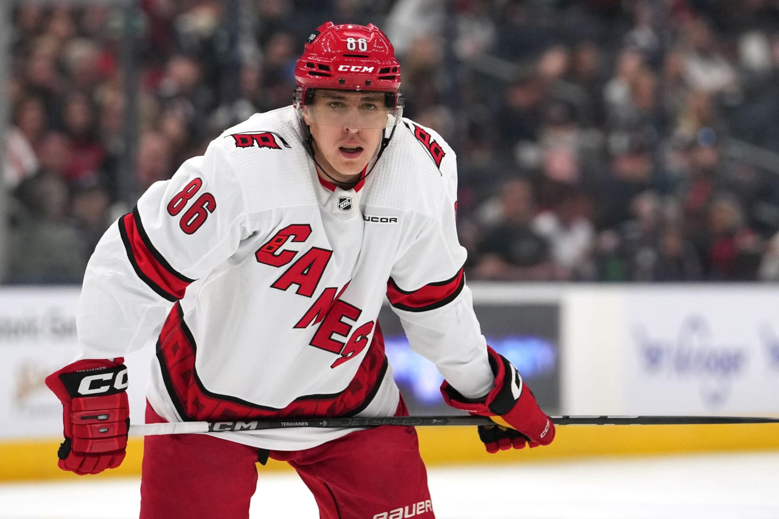 COLUMBUS, OHIO - APRIL 16: Teuvo Teravainen #86 of the Carolina Hurricanes takes a break during a stoppage in play against the Columbus Blue Jackets at Nationwide Arena on April 16, 2024 in Columbus, Ohio. (Photo by Jason Mowry/Getty Images)