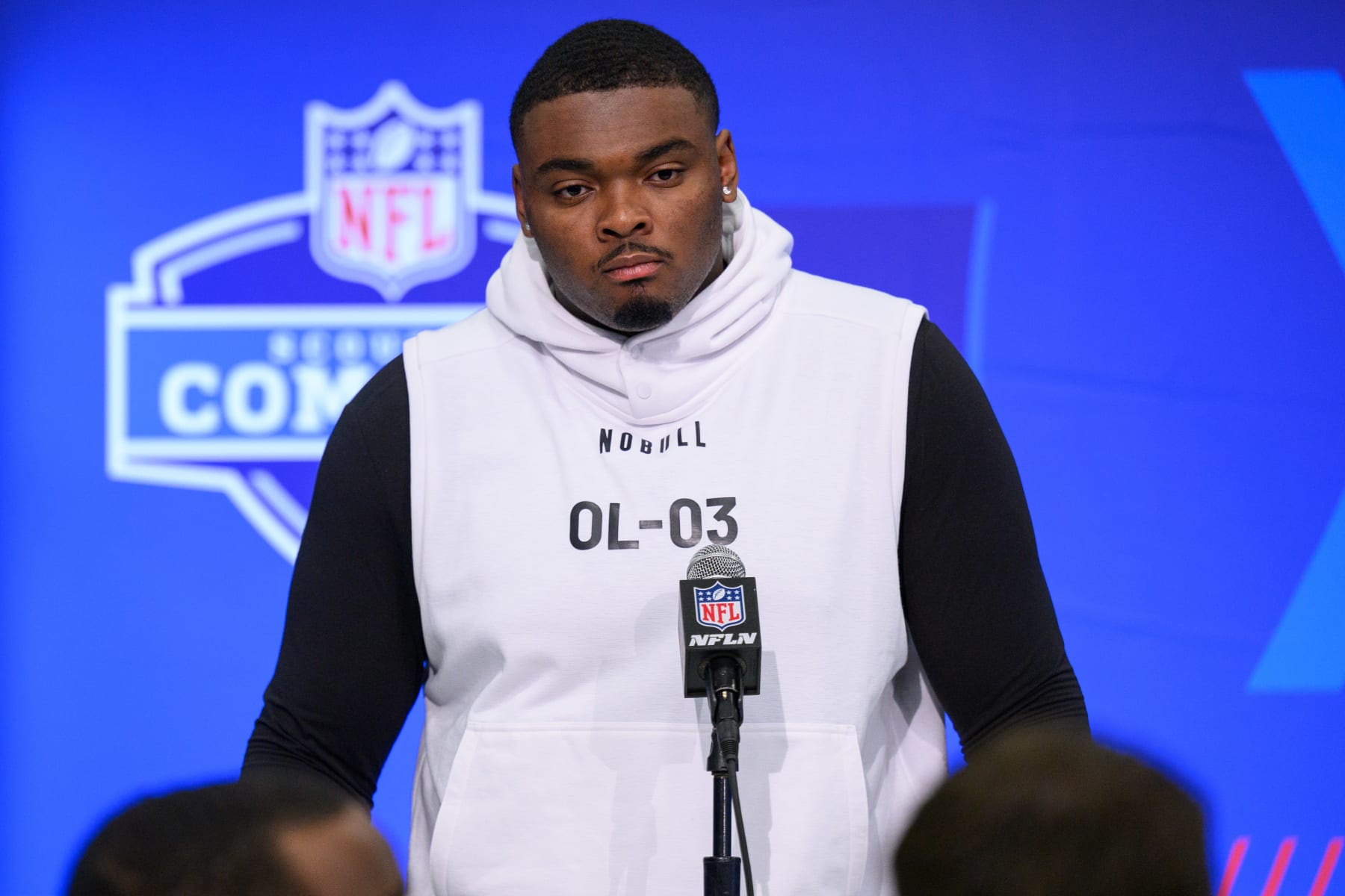 INDIANAPOLIS, IN - MARCH 02: Yale offensive lineman Kiran Amegadjie answers questions from the media during the NFL Scouting Combine on March 2, 2024, at the Indiana Convention Center in Indianapolis, IN. (Photo by Zach Bolinger/Icon Sportswire via Getty Images)