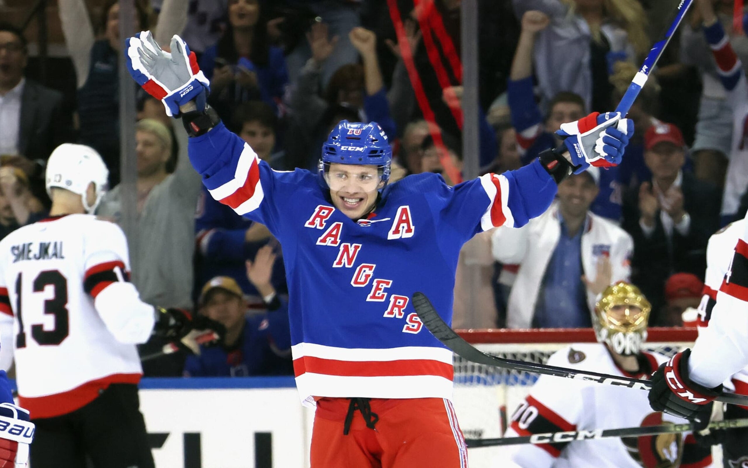 NEW YORK, NEW YORK - APRIL 15: Artemi Panarin #10 of the New York Rangers celebrates his third period goal against the Ottawa Senators at Madison Square Garden on April 15, 2024 in New York City. The Rangers shut out the Senators 4-0. (Photo by Bruce Bennett/Getty Images)