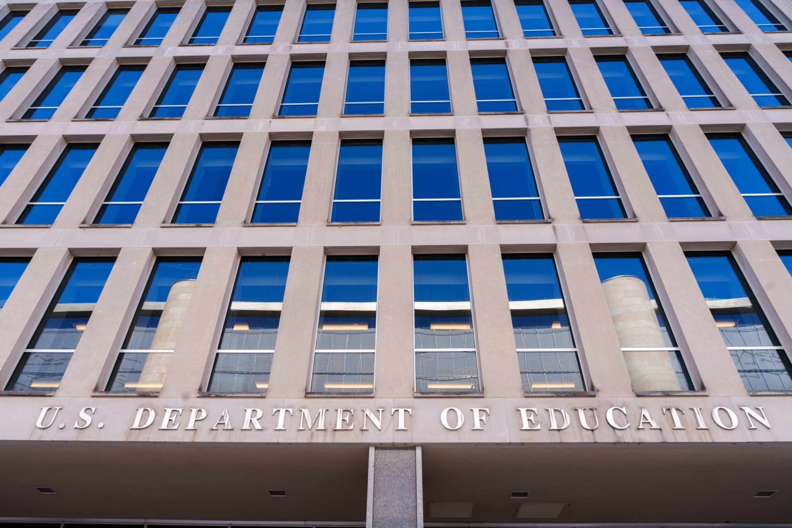 WASHINGTON, DC - FEBRUARY 09: The US Department of Education sign hangs over the entrance to the federal building housing the agency's headquarters on February 9, 2024, in Washington, DC. (Photo by J. David Ake/Getty Images)