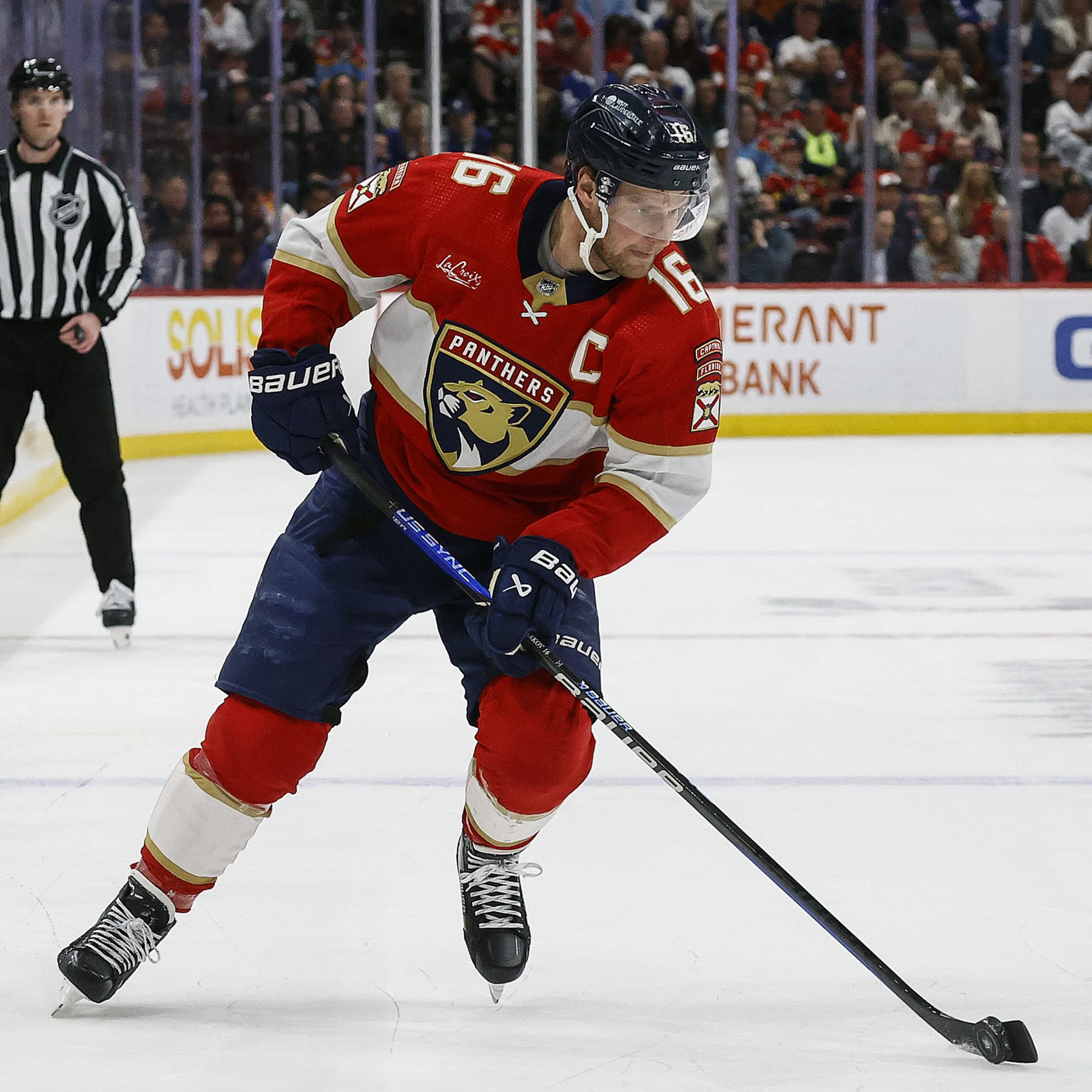 SUNRISE, FLORIDA - APRIL 16: Aleksander Barkov #16 of the Florida Panthers skates with the puck against the Toronto Maple Leafs at the Amerant Bank Arena on April 16, 2024 in Sunrise, Florida. (Photo by Eliot J. Schechter/NHLI via Getty Images)