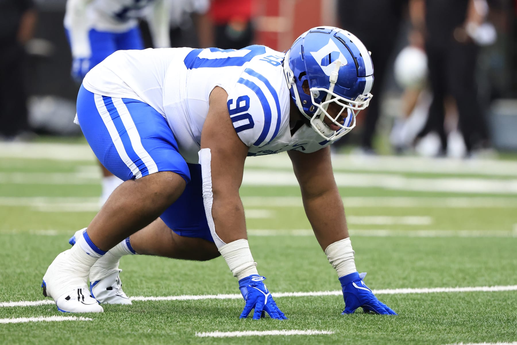 LOUISVILLE, KENTUCKY - OCTOBER 28: DeWayne Carter #90 of the Duke Blue Devils in action in the game against the Louisville Cardinals at Cardinal Stadium on October 28, 2023 in Louisville, Kentucky. (Photo by Justin Casterline/Getty Images)