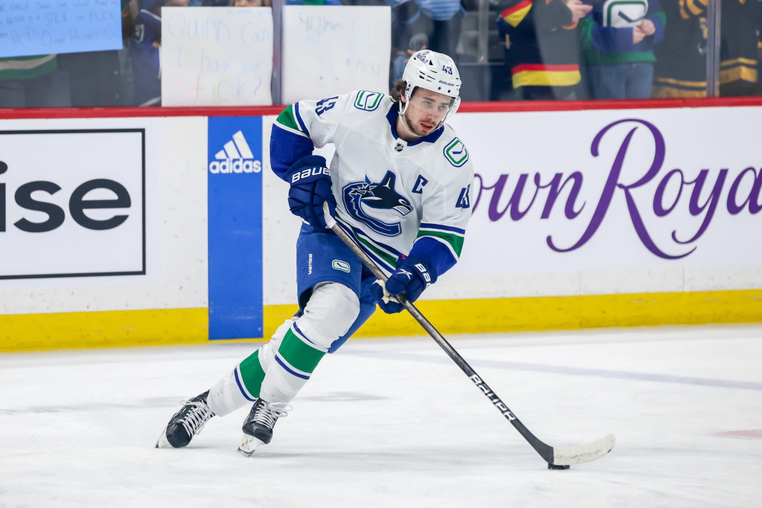 WINNIPEG, CANADA - APRIL 18: Quinn Hughes #43 of the Vancouver Canucks takes part in the pre-game warm up prior to NHL action against the Winnipeg Jets at the Canada Life Centre on April 18, 2024 in Winnipeg, Manitoba, Canada. (Photo by Jonathan Kozub/NHLI via Getty Images)