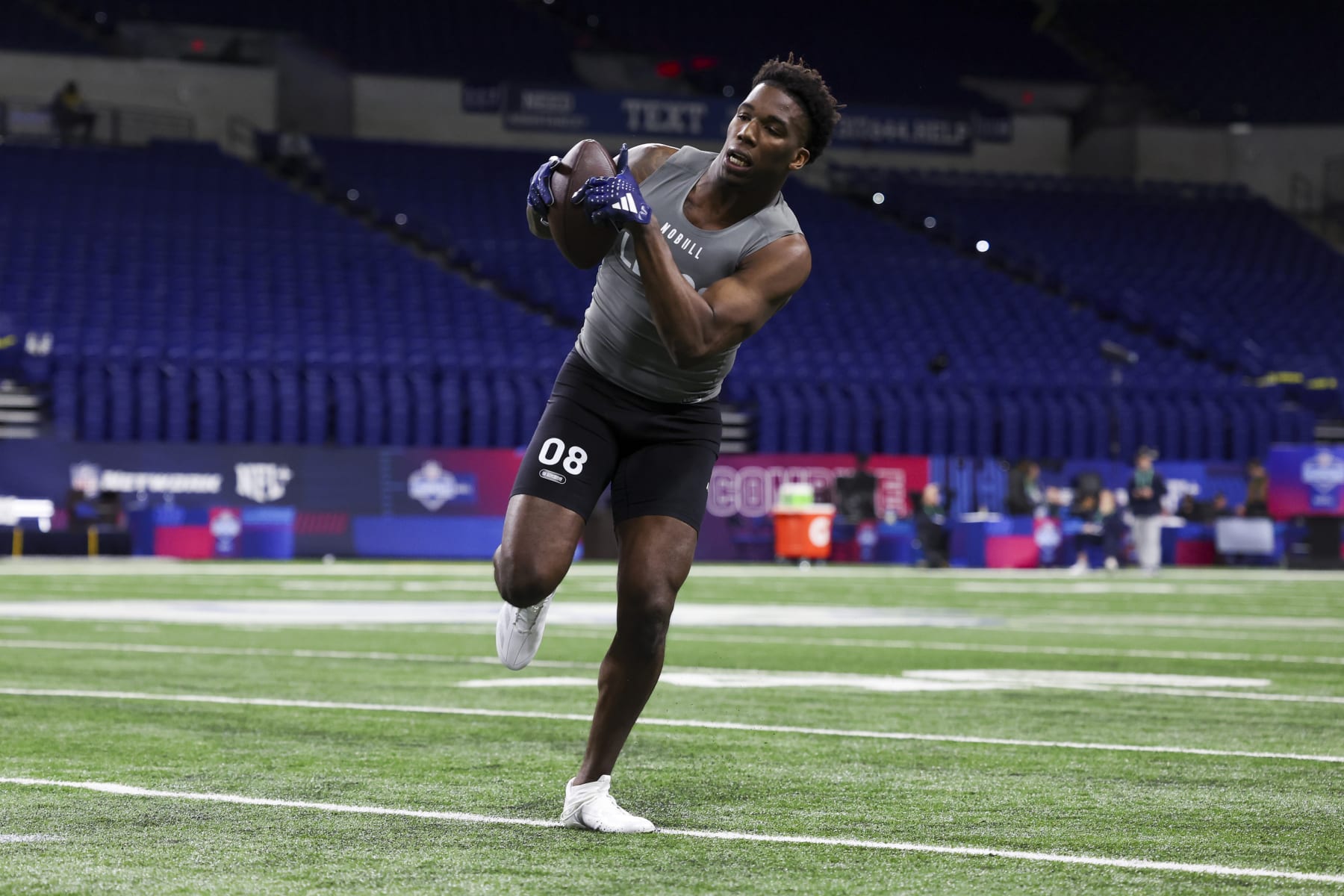 INDIANAPOLIS, INDIANA - FEBRUARY 29: Edgerrin Cooper #LB08 of Texas A&M participates in a drill during the NFL Combine at Lucas Oil Stadium on February 29, 2024 in Indianapolis, Indiana. (Photo by Kara Durrette/Getty Images)