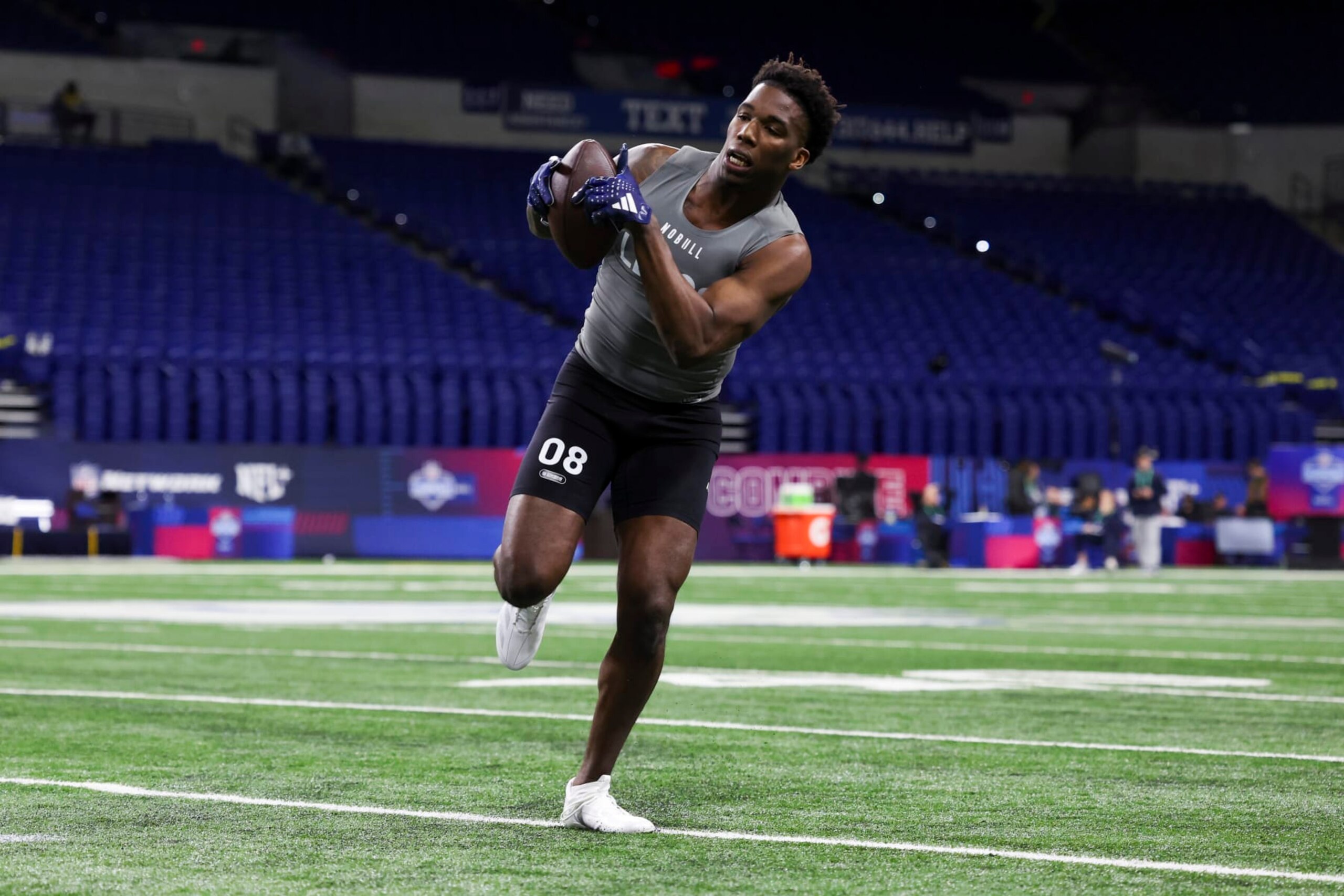 INDIANAPOLIS, INDIANA - FEBRUARY 29: Edgerrin Cooper #LB08 of Texas A&M participates in a drill during the NFL Combine at Lucas Oil Stadium on February 29, 2024 in Indianapolis, Indiana. (Photo by Kara Durrette/Getty Images) INDIANAPOLIS, INDIANA - FEBRUARY 29: Edgerrin Cooper #LB08 of Texas A&M participates in a drill during the NFL Combine at Lucas Oil Stadium on February 29, 2024 in Indianapolis, Indiana. (Photo by Kara Durrette/Getty Images)