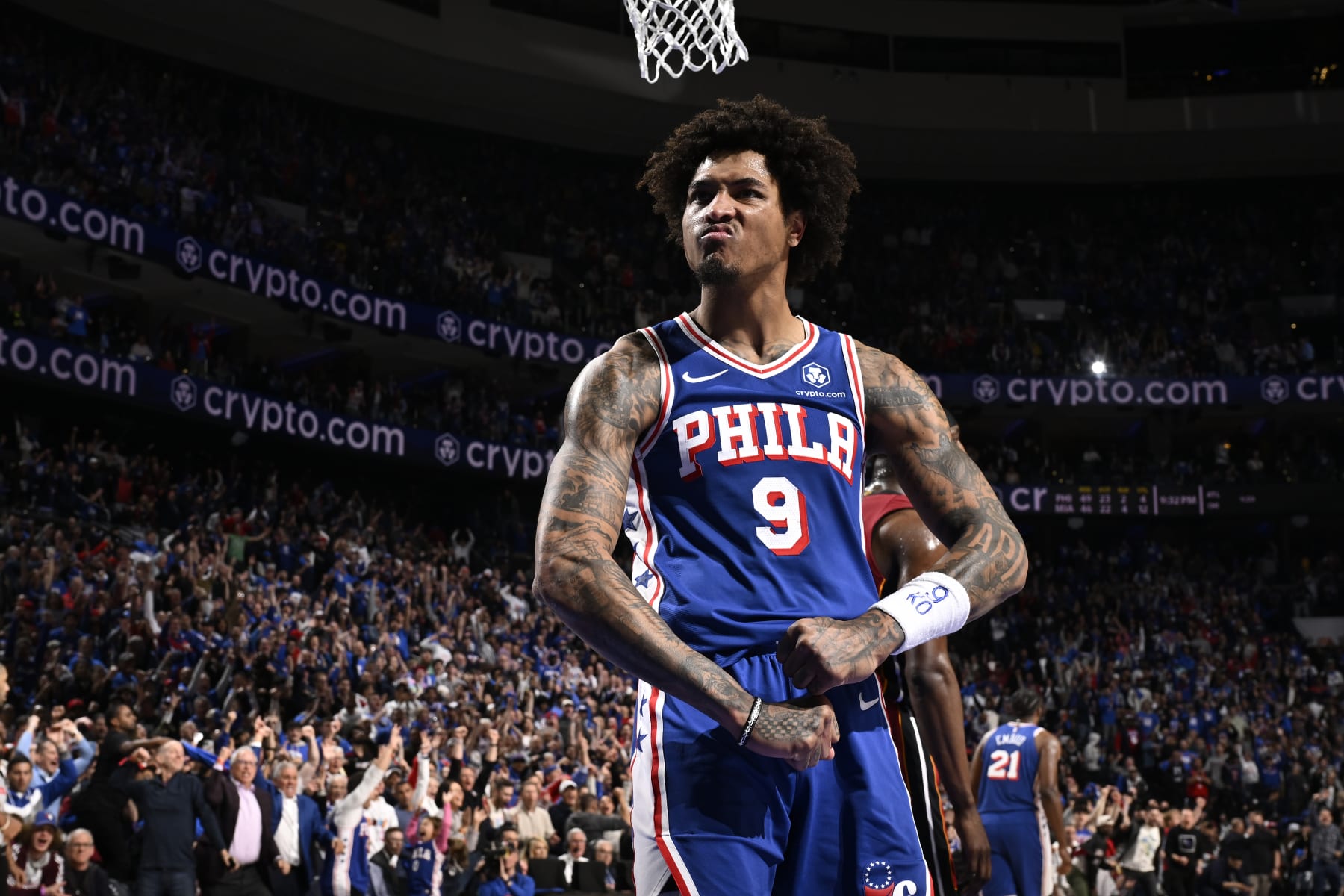 PHILADELPHIA, PA - APRIL 17:  Kelly Oubre Jr. #9 of the Philadelphia 76ers reacts during the game against the Miami Heat during the 2024 NBA Play-In Tournament on April 17, 2024 at the Wells Fargo Center in Philadelphia, Pennsylvania NOTE TO USER: User expressly acknowledges and agrees that, by downloading and/or using this Photograph, user is consenting to the terms and conditions of the Getty Images License Agreement. Mandatory Copyright Notice: Copyright 2024 NBAE (Photo by David Dow/NBAE via Getty Images)