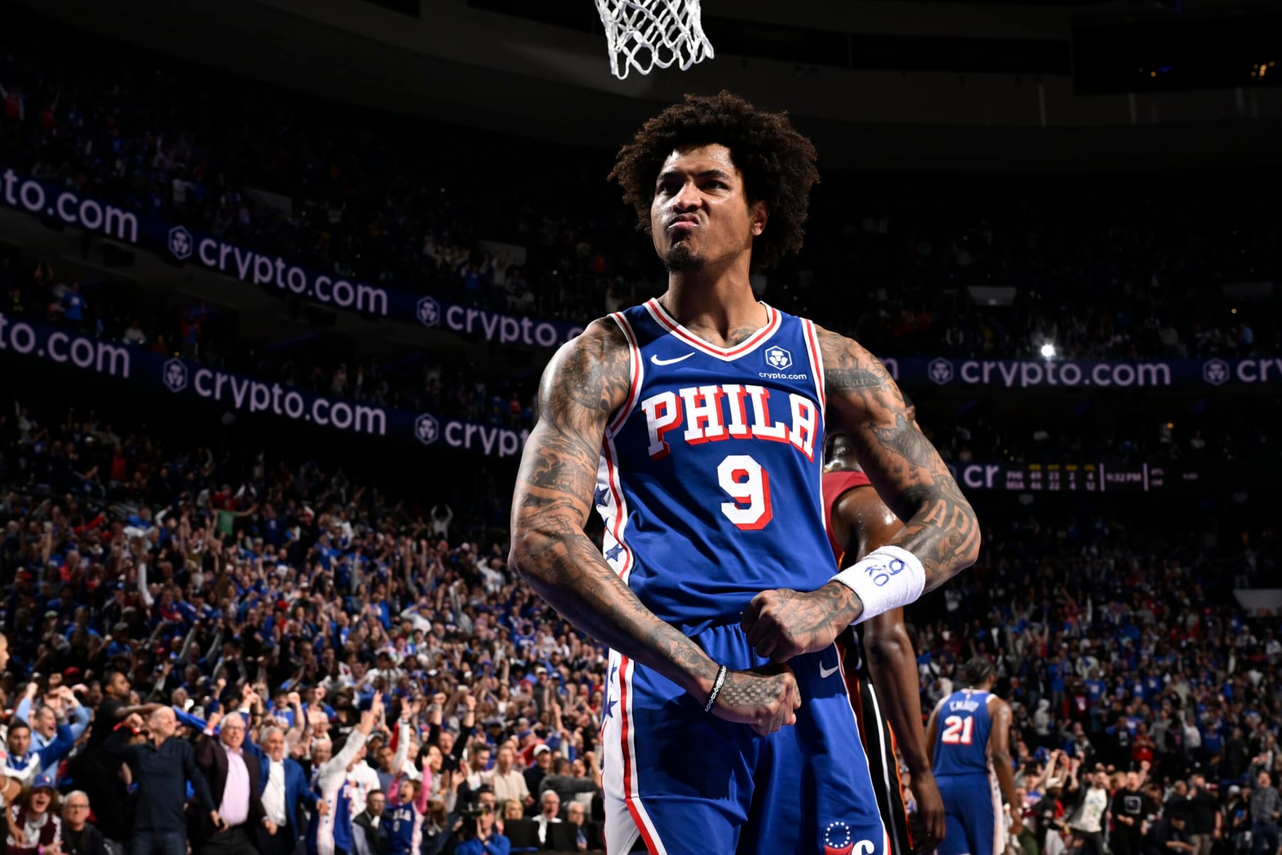 PHILADELPHIA, PA - APRIL 17:  Kelly Oubre Jr. #9 of the Philadelphia 76ers reacts during the game against the Miami Heat during the 2024 NBA Play-In Tournament on April 17, 2024 at the Wells Fargo Center in Philadelphia, Pennsylvania NOTE TO USER: User expressly acknowledges and agrees that, by downloading and/or using this Photograph, user is consenting to the terms and conditions of the Getty Images License Agreement. Mandatory Copyright Notice: Copyright 2024 NBAE (Photo by David Dow/NBAE via Getty Images)