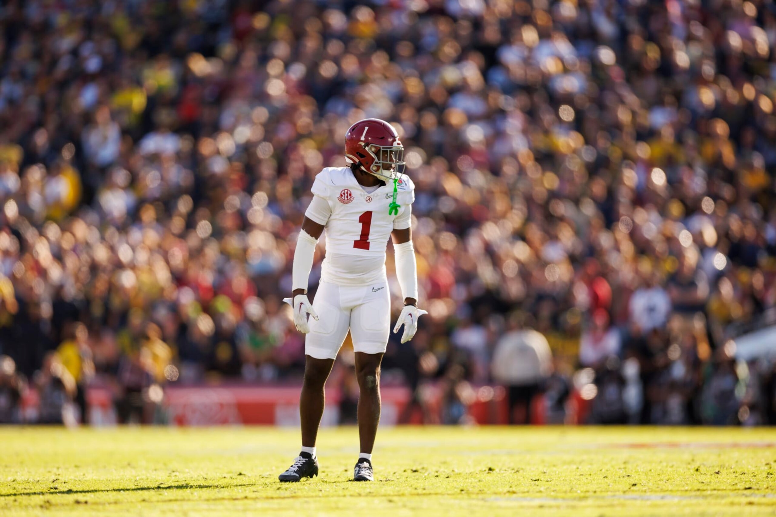 PASADENA, CALIFORNIA - JANUARY 01: Defensive back Kool-Aid McKinstry #1 of the Alabama Crimson Tide defends in coverage during the CFP Semifinal Rose Bowl Game against the Michigan Wolverines at Rose Bowl Stadium on January 1, 2024 in Pasadena, California. (Photo by Ryan Kang/Getty Images)