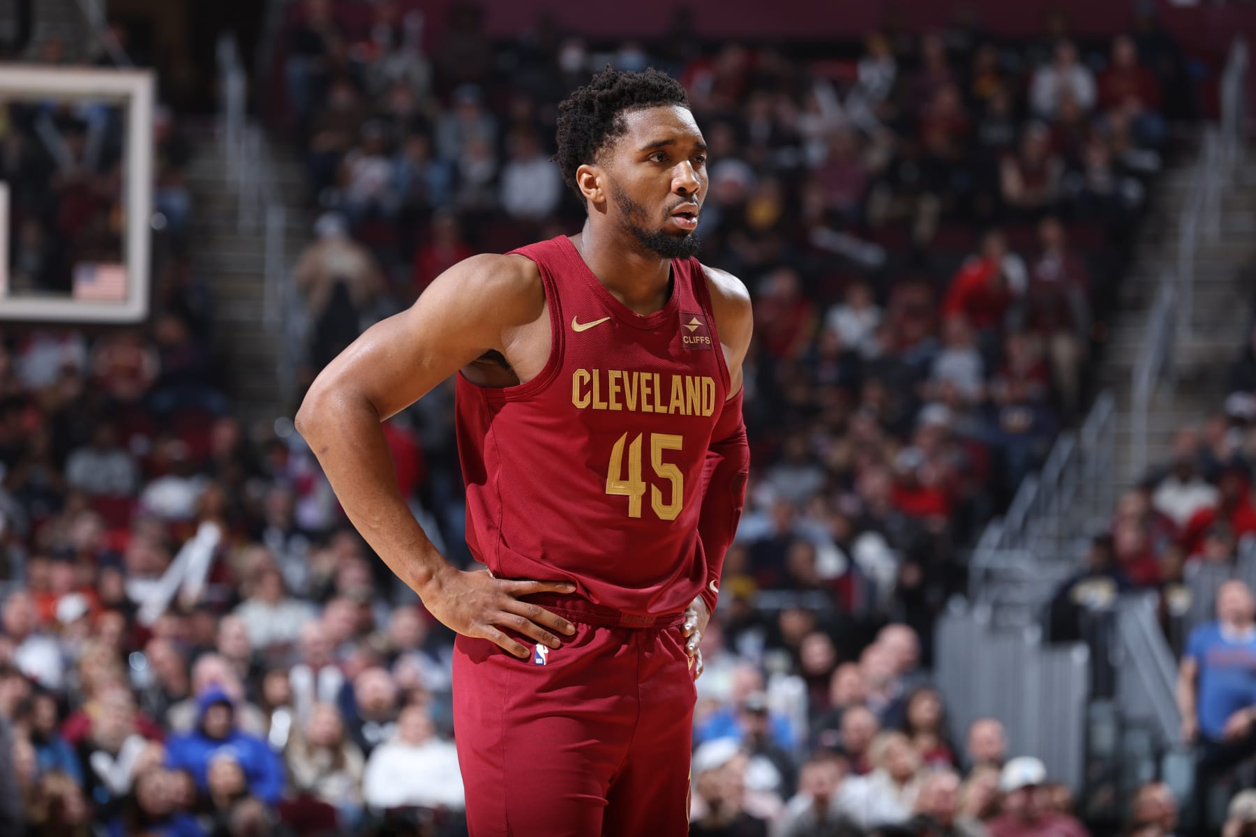 CLEVELAND, OH - APRIL 12: Donovan Mitchell #45 of the Cleveland Cavaliers looks on during the game against the Indiana Pacers on April 12, 2024 at Rocket Mortgage FieldHouse in Cleveland, Ohio. NOTE TO USER: User expressly acknowledges and agrees that, by downloading and/or using this Photograph, user is consenting to the terms and conditions of the Getty Images License Agreement. Mandatory Copyright Notice: Copyright 2024 NBAE (Photo by Jeff Haynes/NBAE via Getty Images)