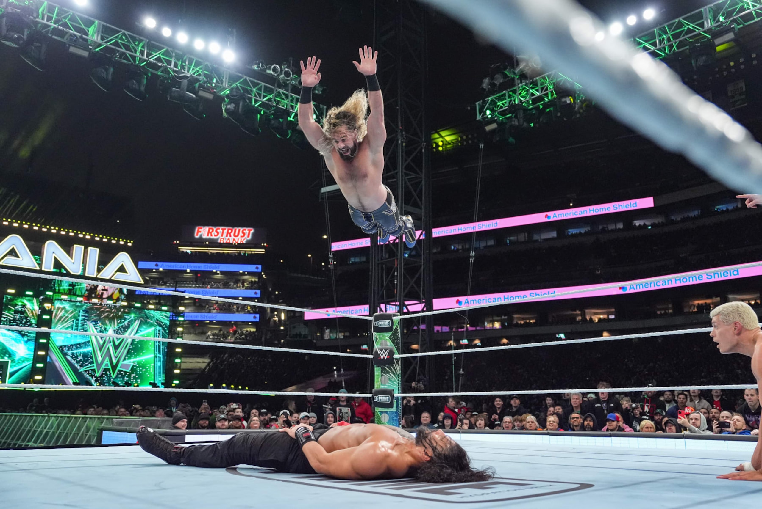 PHILADELPHIA, PENNSYLVANIA - APRIL 6: Seth Rollins in action against Roman Reigns during Night One of WrestleMania 40 at Lincoln Financial Field on April 6, 2024 in Philadelphia, Pennsylvania. (Photo by WWE/Getty Images)