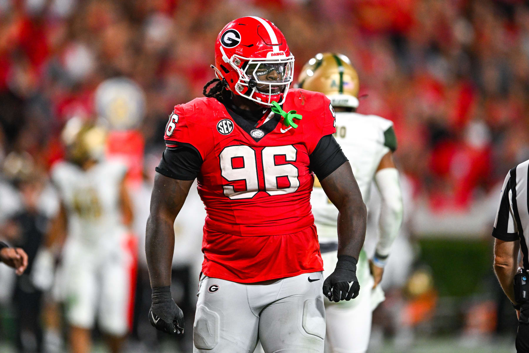 ATLANTA, GA  SEPTEMBER 23:  Georgia defensive lineman Zion Logue (96) reacts after a defensive stop during the college football game between the UAB Blazers and the Georgia Bulldogs on September 23rd, 2023 at Sanford Stadium in Athens, GA.  (Photo by Rich von Biberstein/Icon Sportswire via Getty Images)