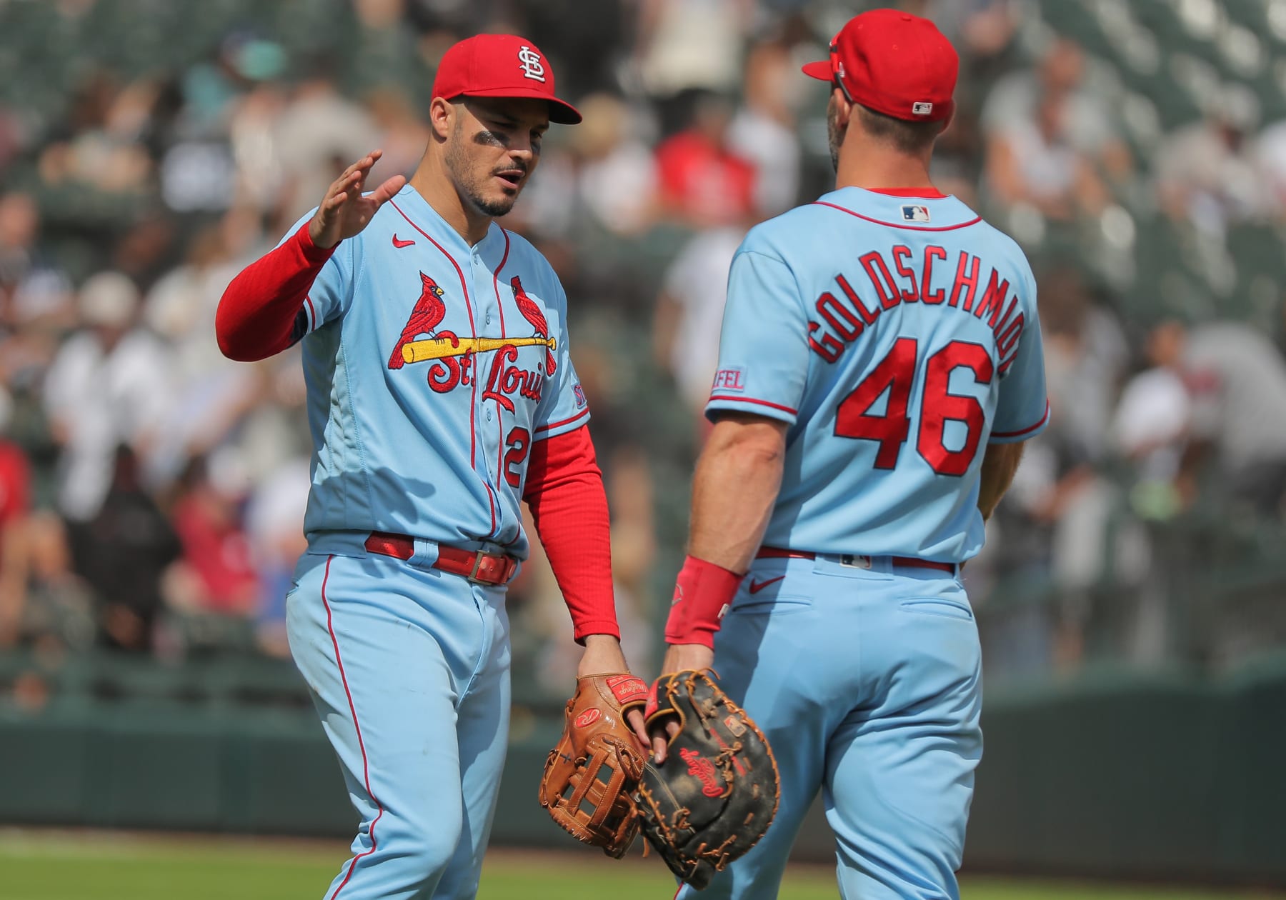 CHICAGO, IL - JULY 08: St. Louis Cardinals third baseman Nolan Arenado (28) and St. Louis Cardinals first baseman Paul Goldschmidt (46) react after a Major League Baseball game between the St. Louis Cardinals and the Chicago White Sox on July 8, 2023 at Guaranteed Rate Field in Chicago, IL. (Photo by Melissa Tamez/Icon Sportswire via Getty Images)