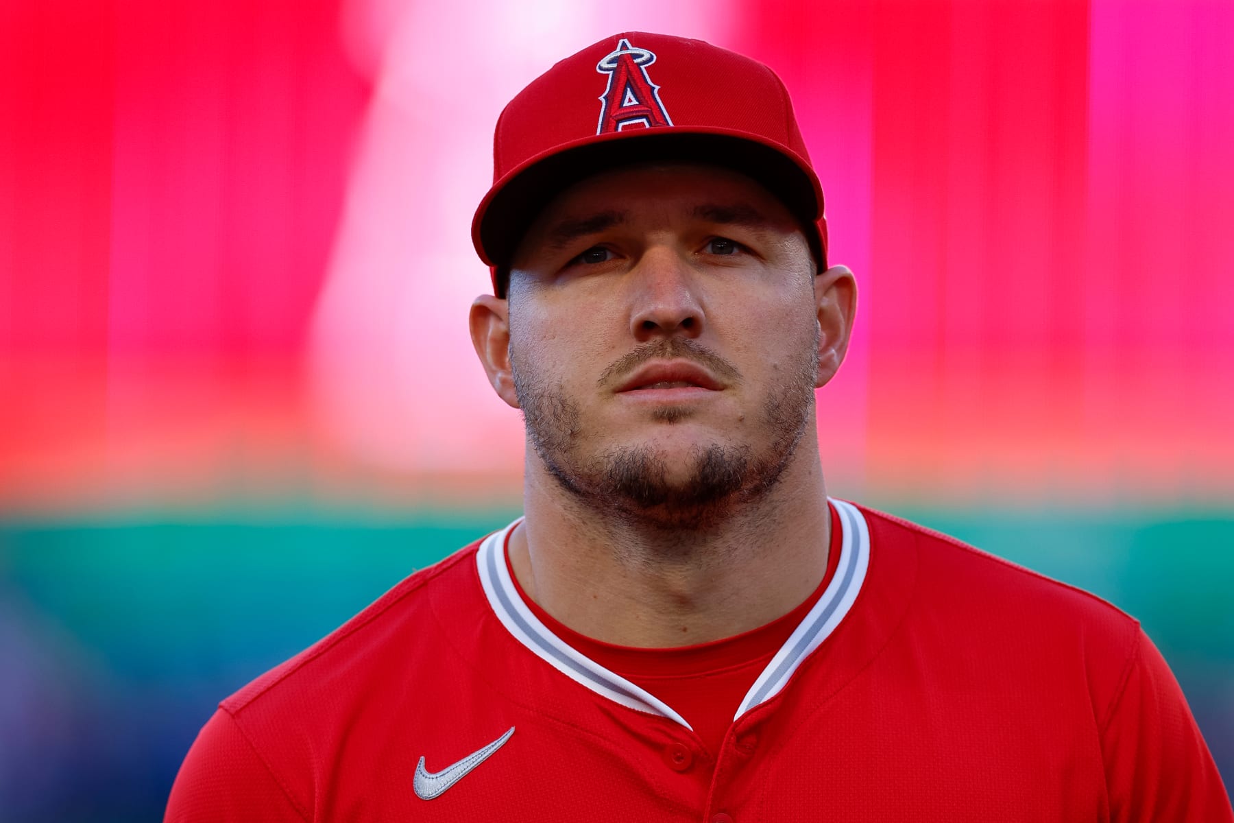 ANAHEIM, CALIFORNIA - APRIL 6: Mike Trout #27 of the Los Angeles Angels warms up on the field prior to a game against the Boston Red Sox at Angel Stadium of Anaheim on April 6, 2024 in Anaheim, California. (Photo by Brandon Sloter/Getty Images)