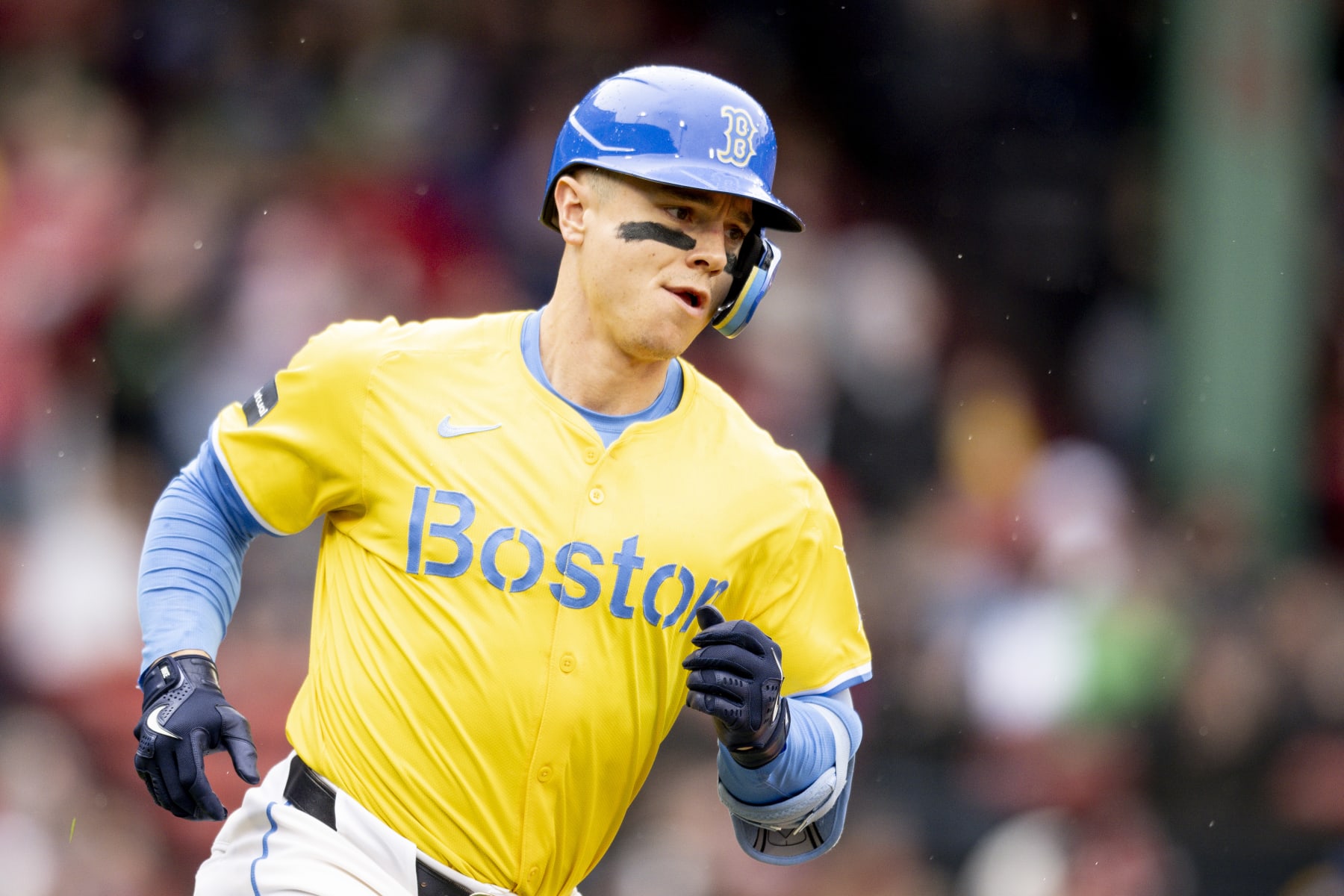 BOSTON, MA - APRIL 14: Tyler O'Neill #17 of the Boston Red Sox rounds the bases after hitting a solo home run during the first inning of a game against the Los Angeles Angels  on April 14, 2024 at Fenway Park in Boston, Massachusetts. (Photo by Maddie Malhotra/Boston Red Sox/Getty Images)