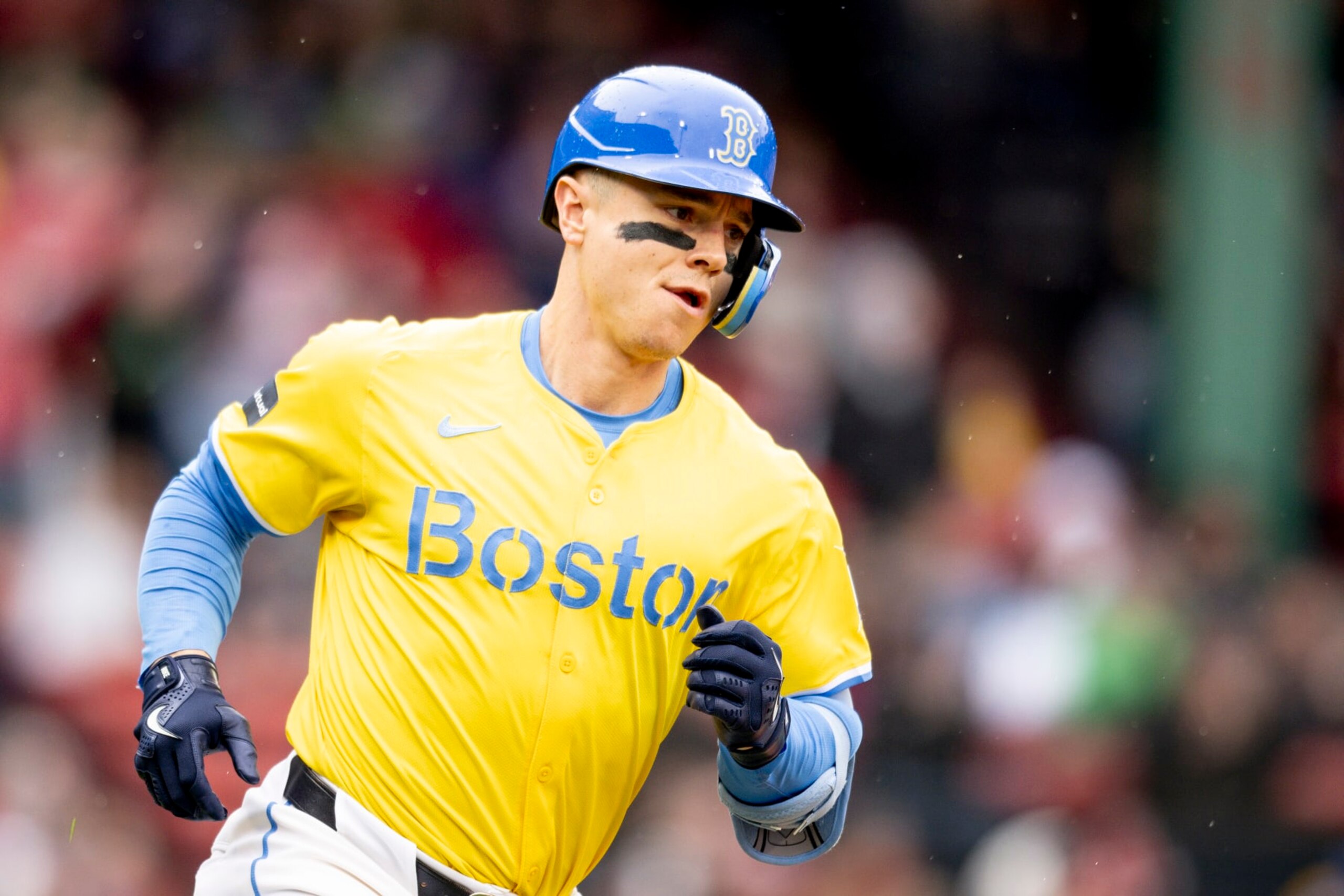 BOSTON, MA - APRIL 14: Tyler O'Neill #17 of the Boston Red Sox rounds the bases after hitting a solo home run during the first inning of a game against the Los Angeles Angels  on April 14, 2024 at Fenway Park in Boston, Massachusetts. (Photo by Maddie Malhotra/Boston Red Sox/Getty Images)