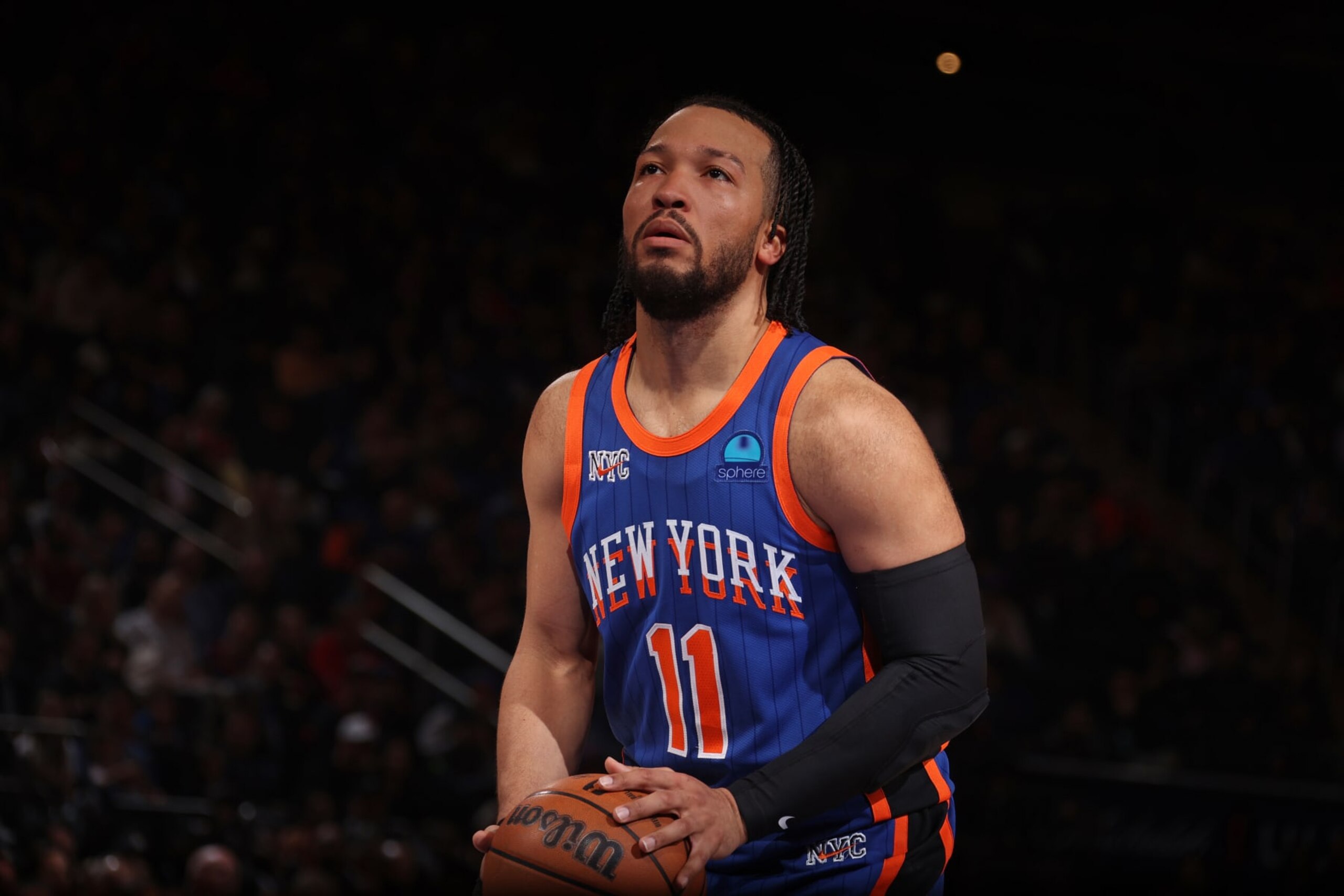 NEW YORK, NY - APRIL 14: Jalen Brunson #11 of the New York Knicks shoots a free throw during the game against the Chicago Bulls on April 14, 2024 at Madison Square Garden in New York City, New York. NOTE TO USER: User expressly acknowledges and agrees that, by downloading and or using this photograph, User is consenting to the terms and conditions of the Getty Images License Agreement. Mandatory Copyright Notice: Copyright 2024 NBAE (Photo by Nathaniel S. Butler/NBAE via Getty Images) NEW YORK, NY - APRIL 14: Jalen Brunson #11 of the New York Knicks shoots a free throw during the game against the Chicago Bulls on April 14, 2024 at Madison Square Garden in New York City, New York. NOTE TO USER: User expressly acknowledges and agrees that, by downloading and or using this photograph, User is consenting to the terms and conditions of the Getty Images License Agreement. Mandatory Copyright Notice: Copyright 2024 NBAE (Photo by Nathaniel S. Butler/NBAE via Getty Images)