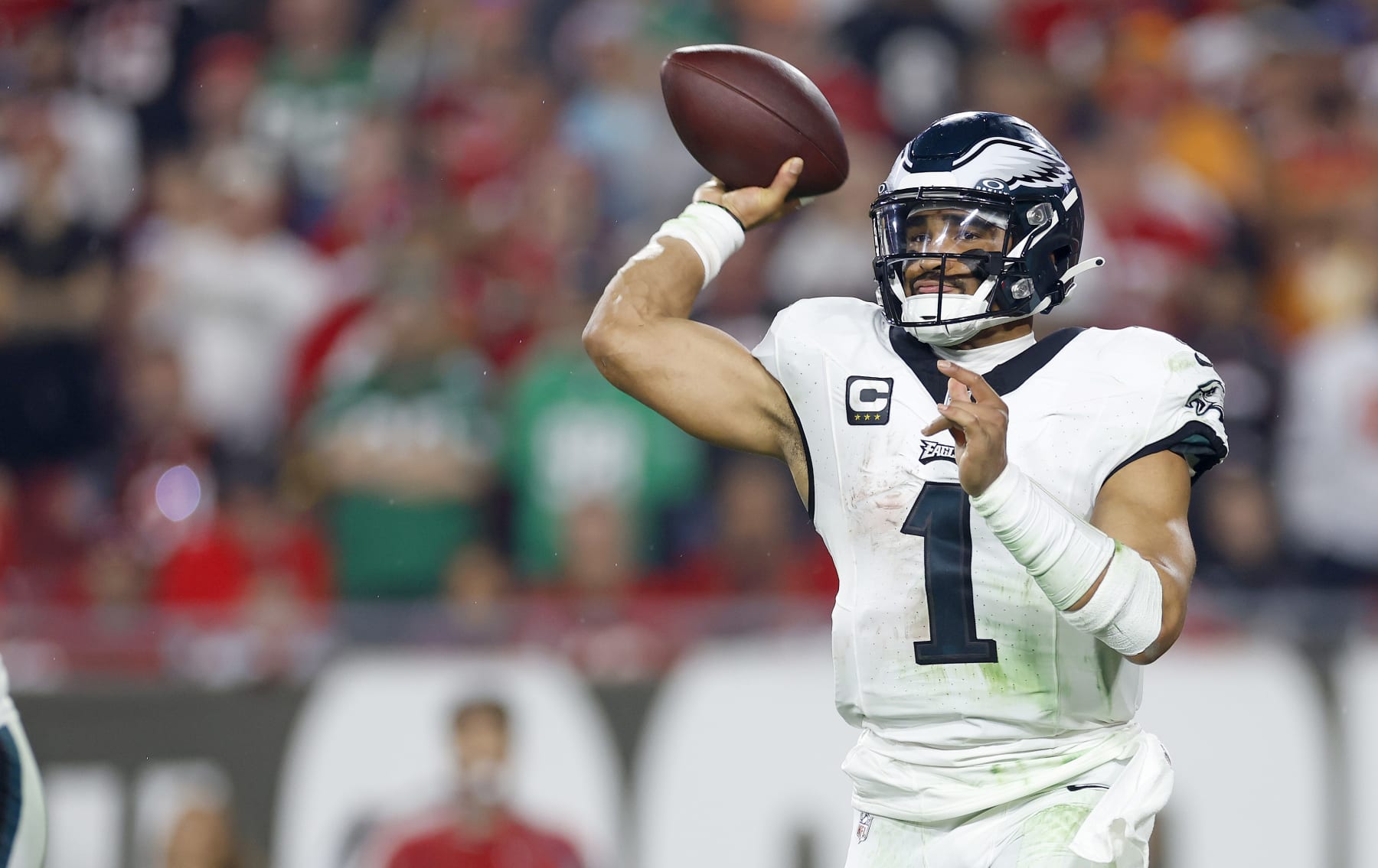 TAMPA, FLORIDA - JANUARY 15: Jalen Hurts #1 of the Philadelphia Eagles plays during the NFC Wild Card game against the Tampa Bay Buccaneers at Raymond James Stadium on January 15, 2024 in Tampa, Florida. (Photo by Mike Ehrmann/Getty Images)