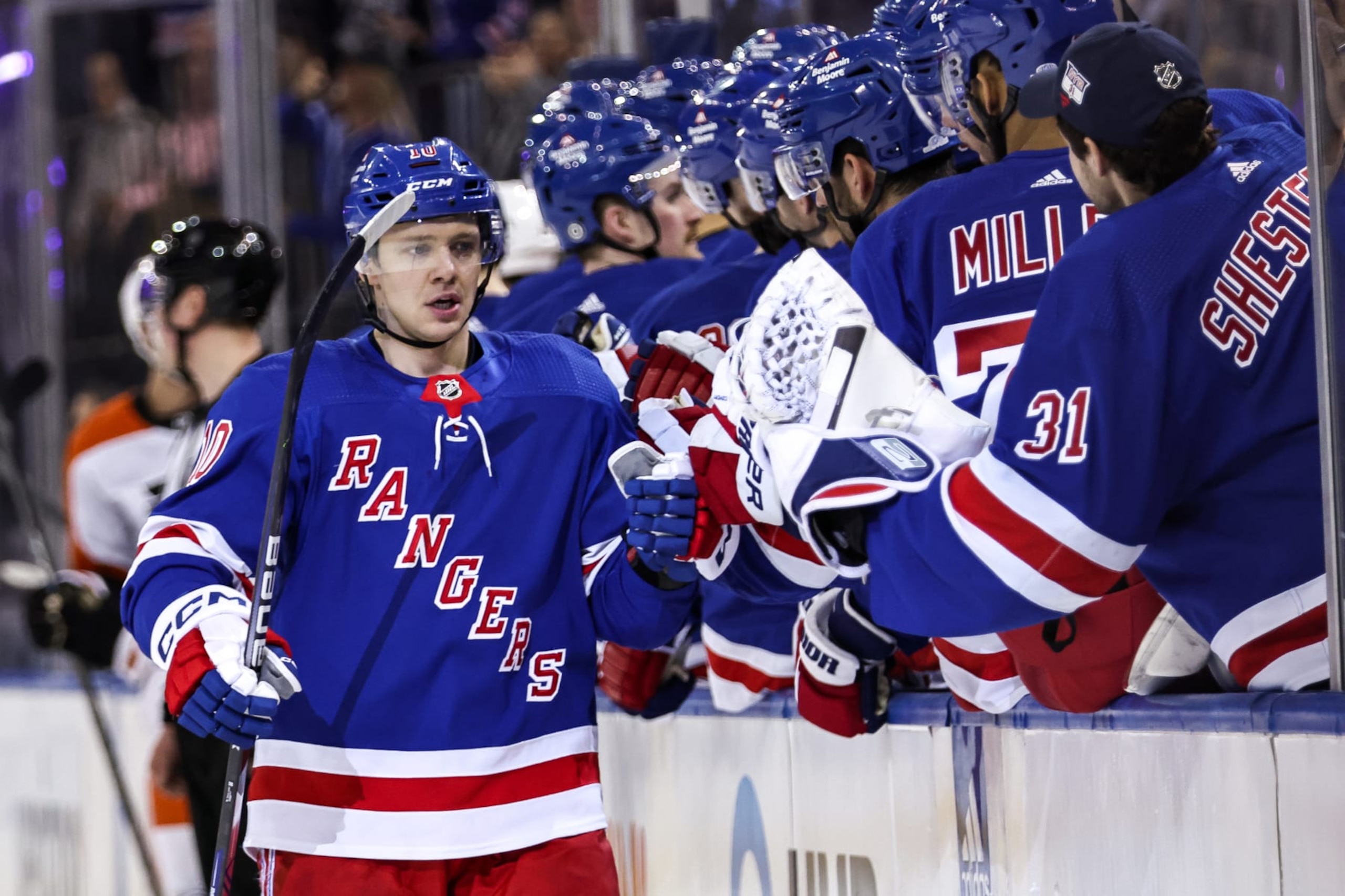 NEW YORK, NEW YORK - APRIL 11: Artemi Panarin #10 of the New York Rangers celebrates a goal in the first period against the Philadelphia Flyers at Madison Square Garden on April 11, 2024 in New York City. (Photo by Dustin Satloff/Getty Images)