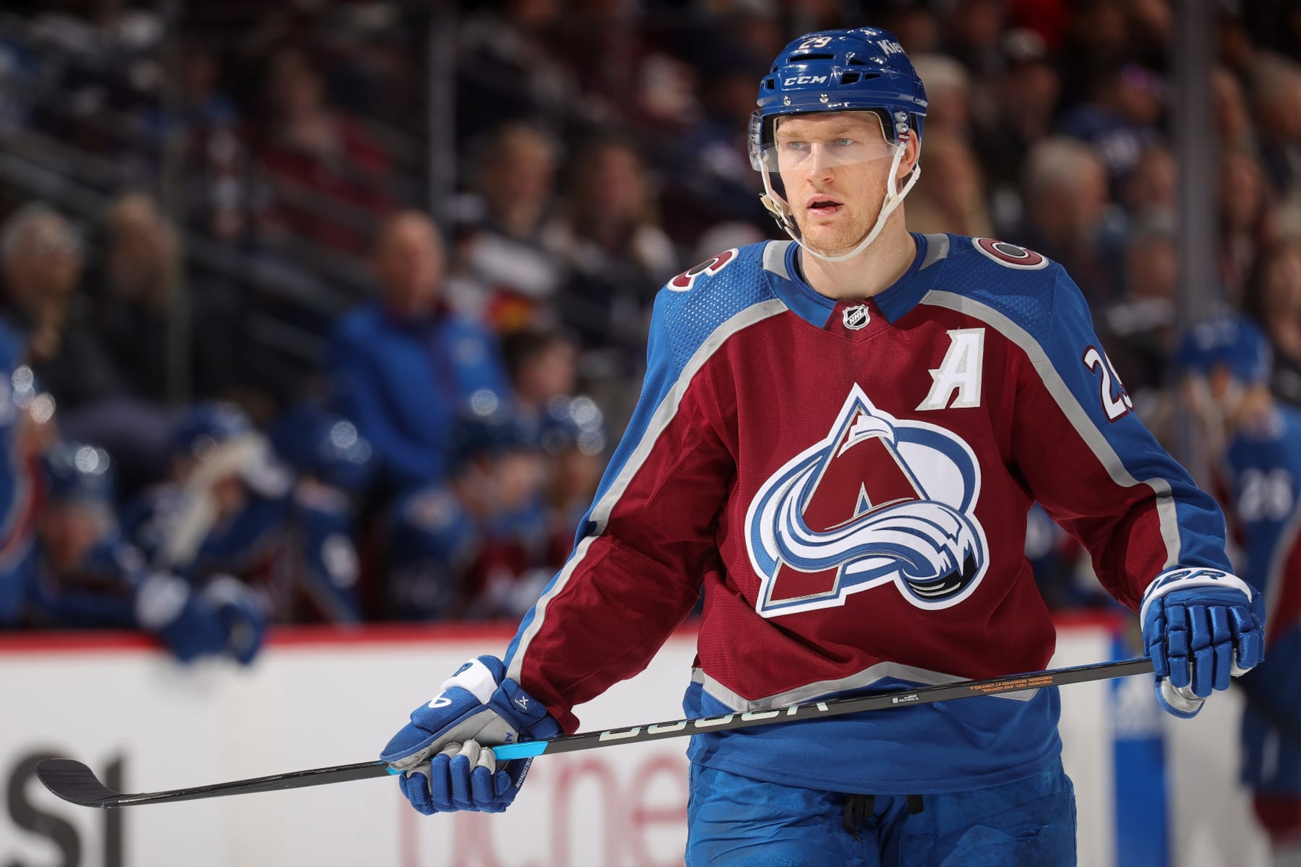 DENVER, COLORADO - APRIL 18: Nathan MacKinnon #29 of the Colorado Avalanche skates during a pause in play against the Edmonton Oilers at Ball Arena on April 18, 2024 in Denver, Colorado. (Photo by Michael Martin/NHLI via Getty Images)